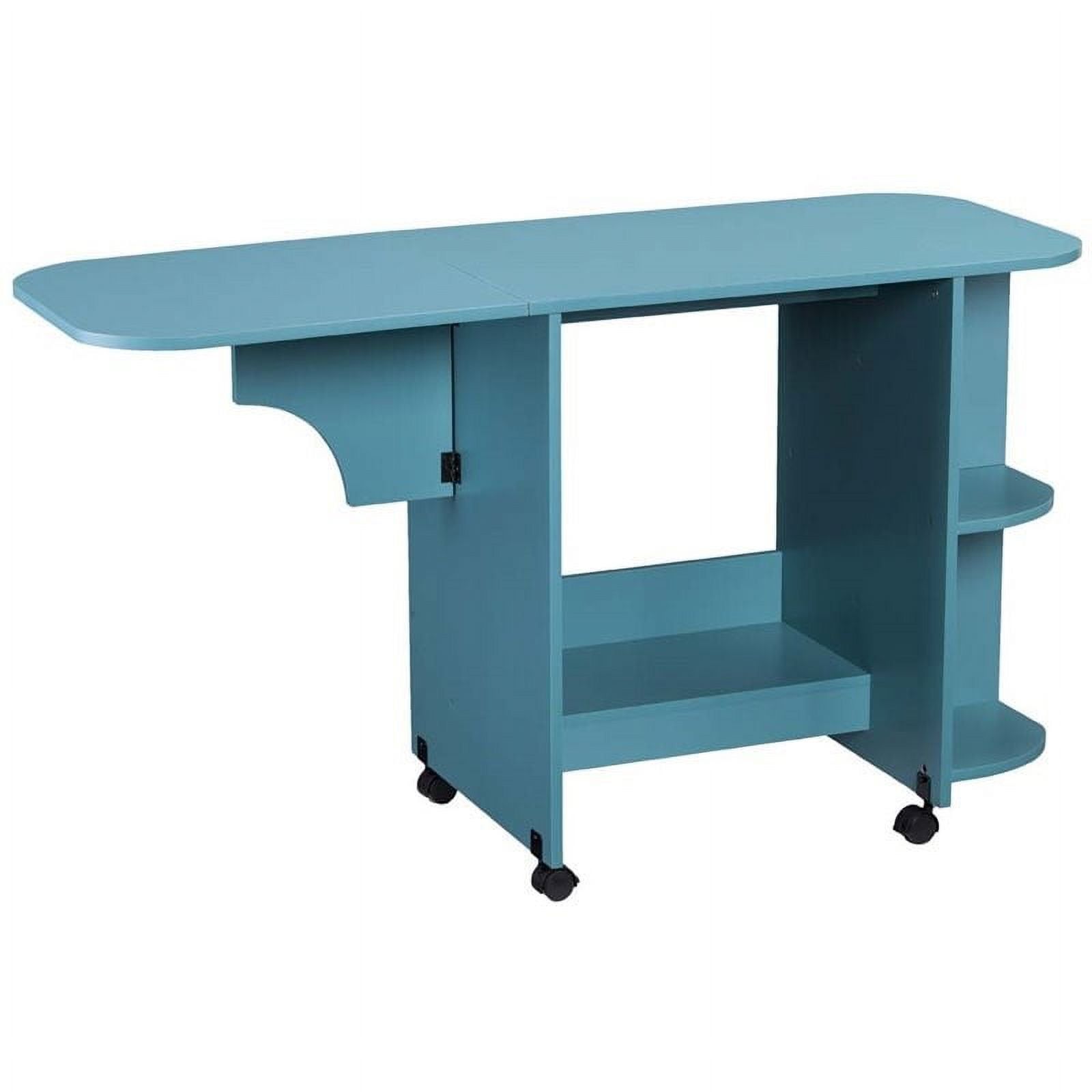 Turquoise Mobile Folding Sewing and Craft Table with Shelves