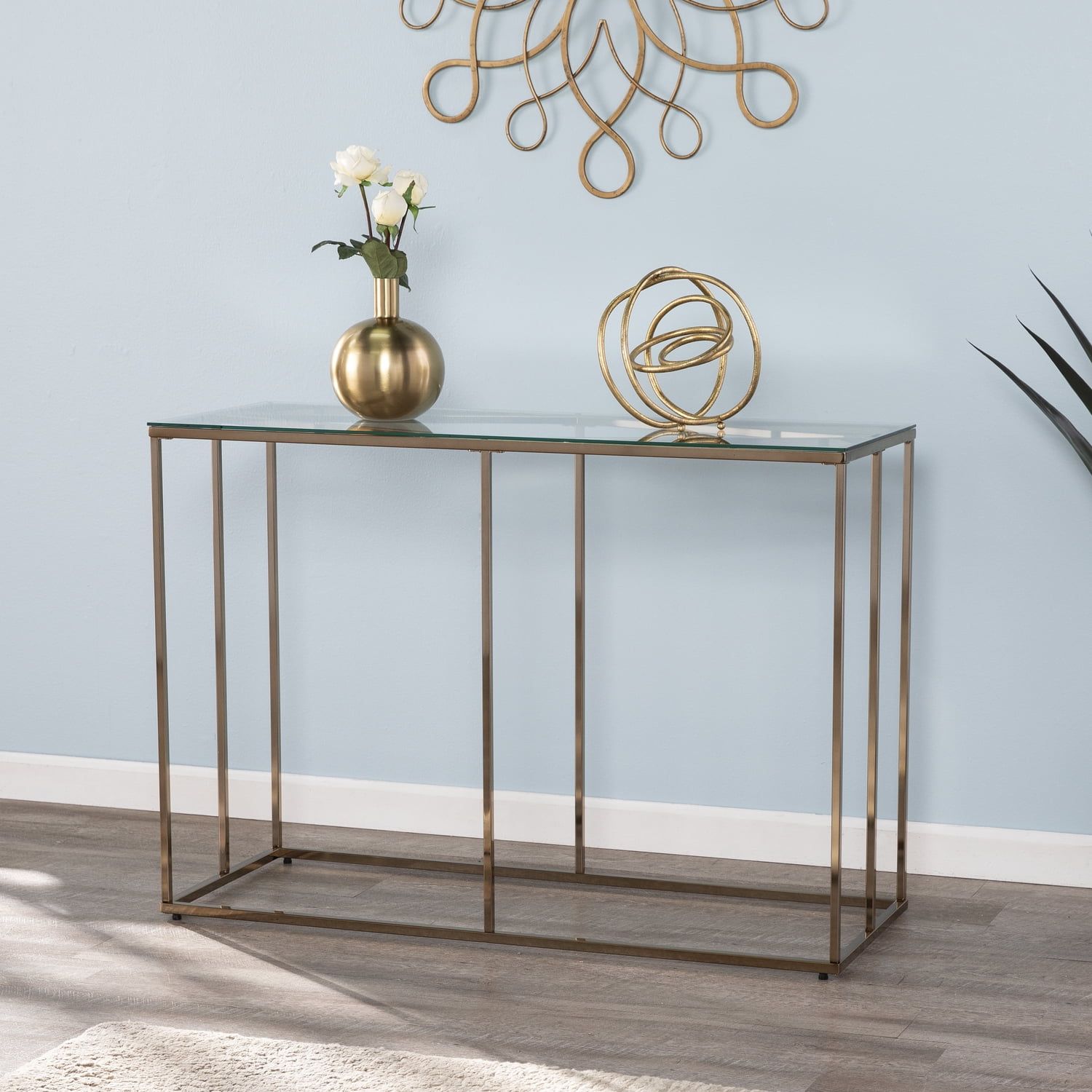 Champagne Metal and Glass Geometric Console Table