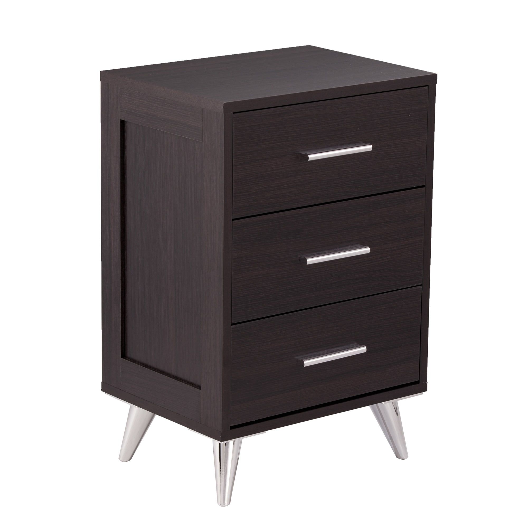 Ebony and Chrome 3-Drawer Modern Nightstand