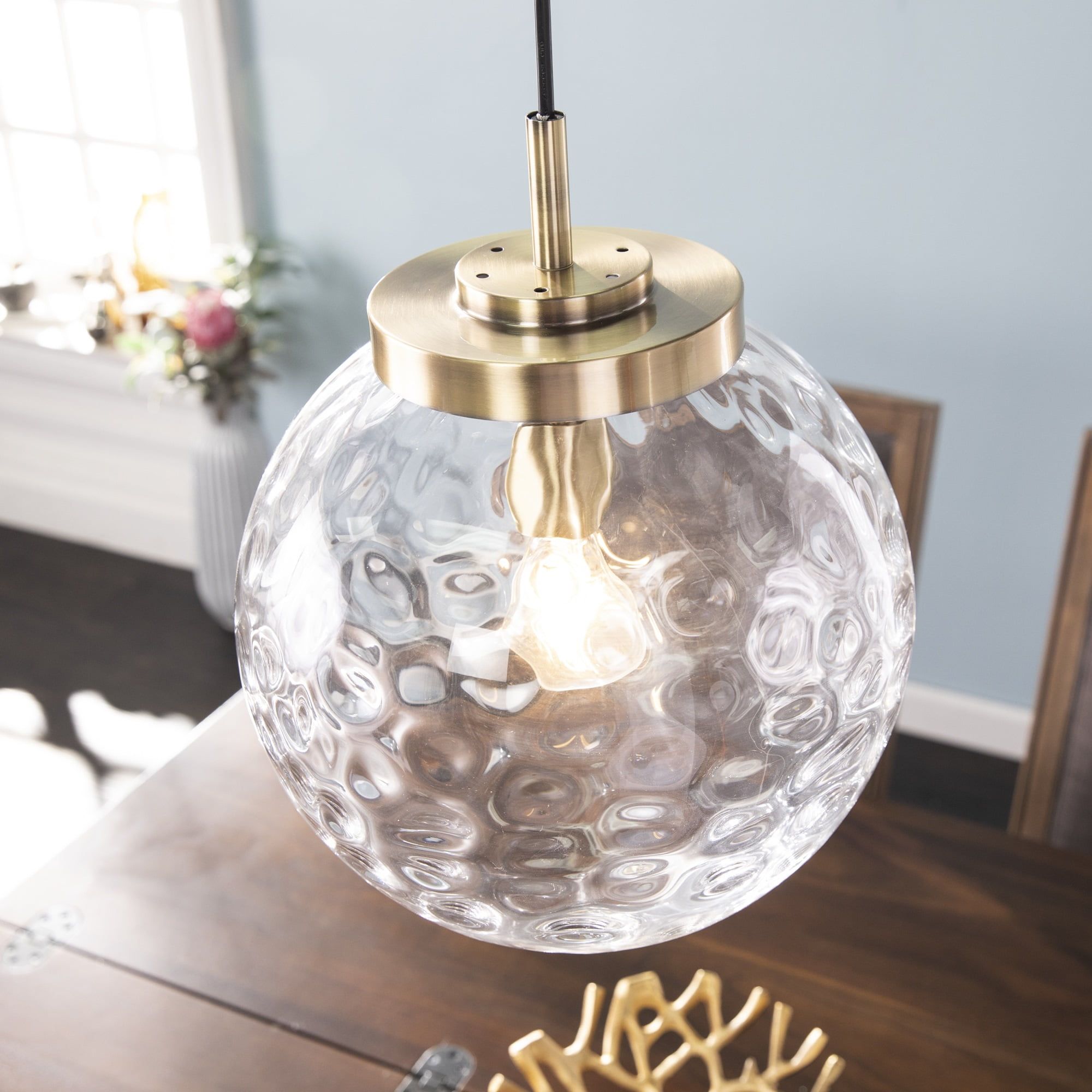 Brass and Glass Globe Pendant Lamp with Adjustable Height