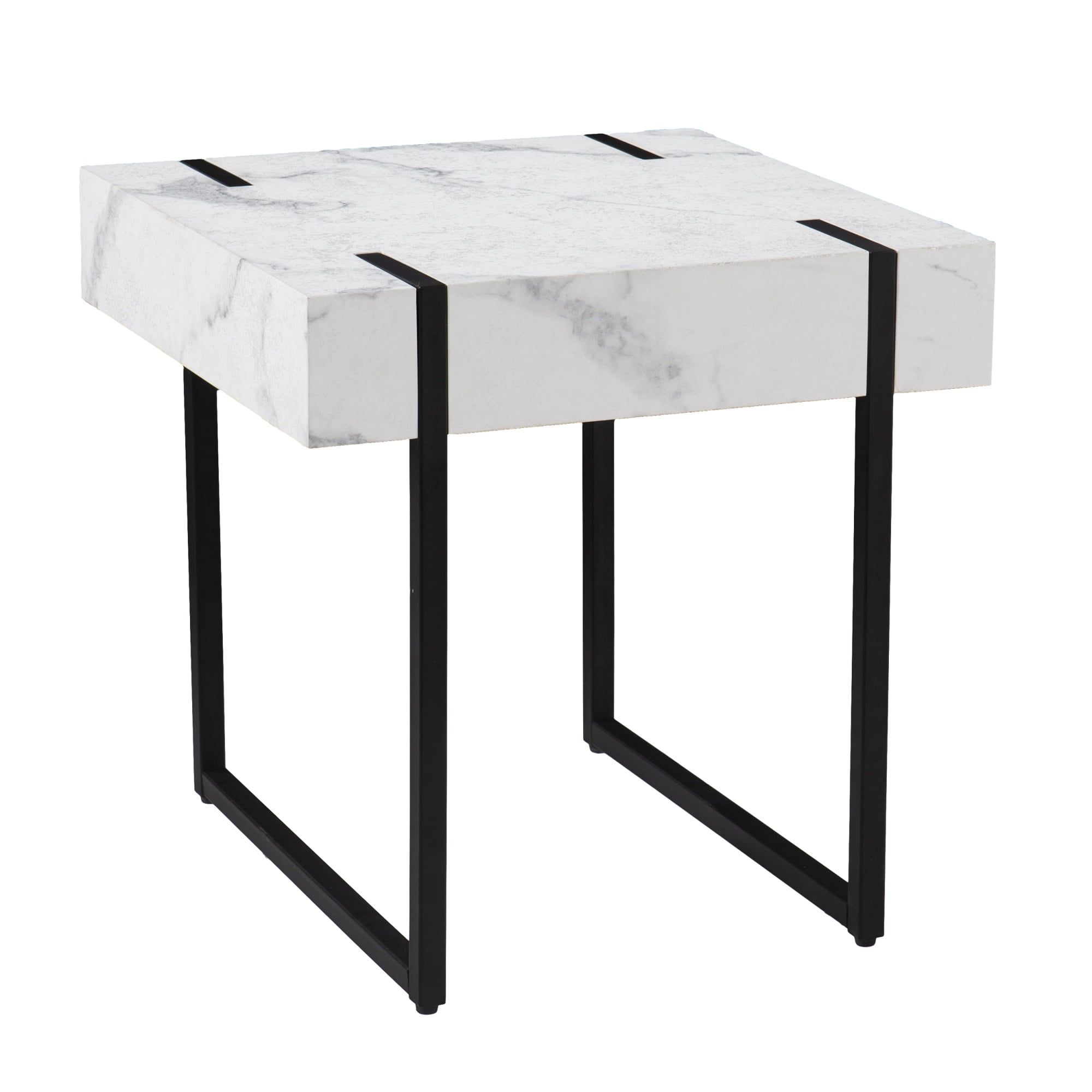 Modern Faux Marble Square End Table with Iron Legs - Black & White