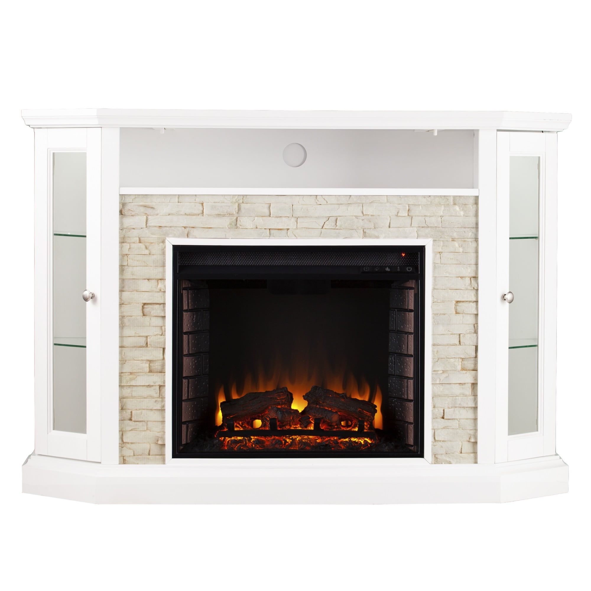 Crisp White Corner Electric Fireplace with Remote and LED Shelves