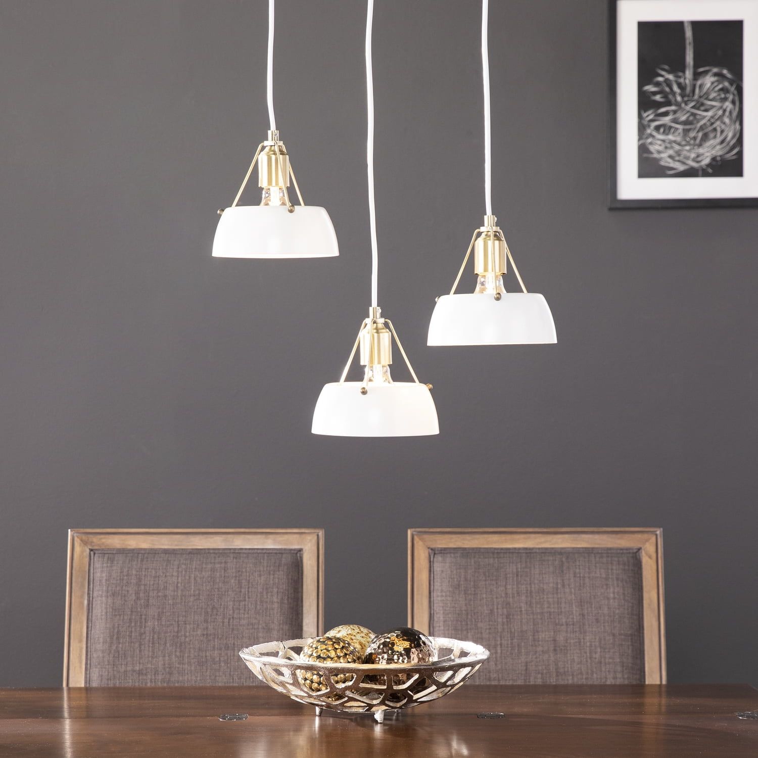 Renmarco Adjustable 3-Light Cluster Pendant in White and Antique Brass