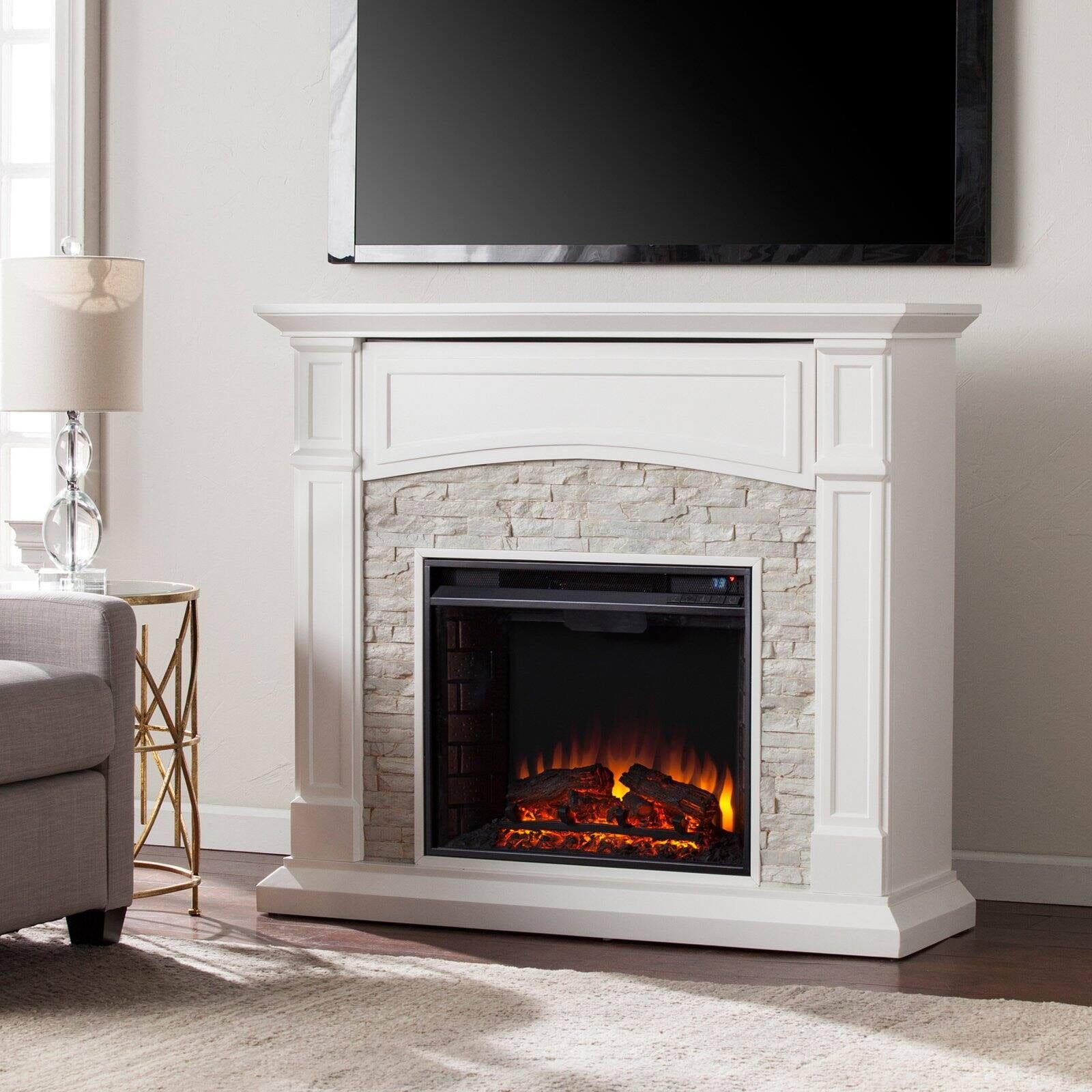 Crisp White Faux Stone Electric Fireplace TV Stand