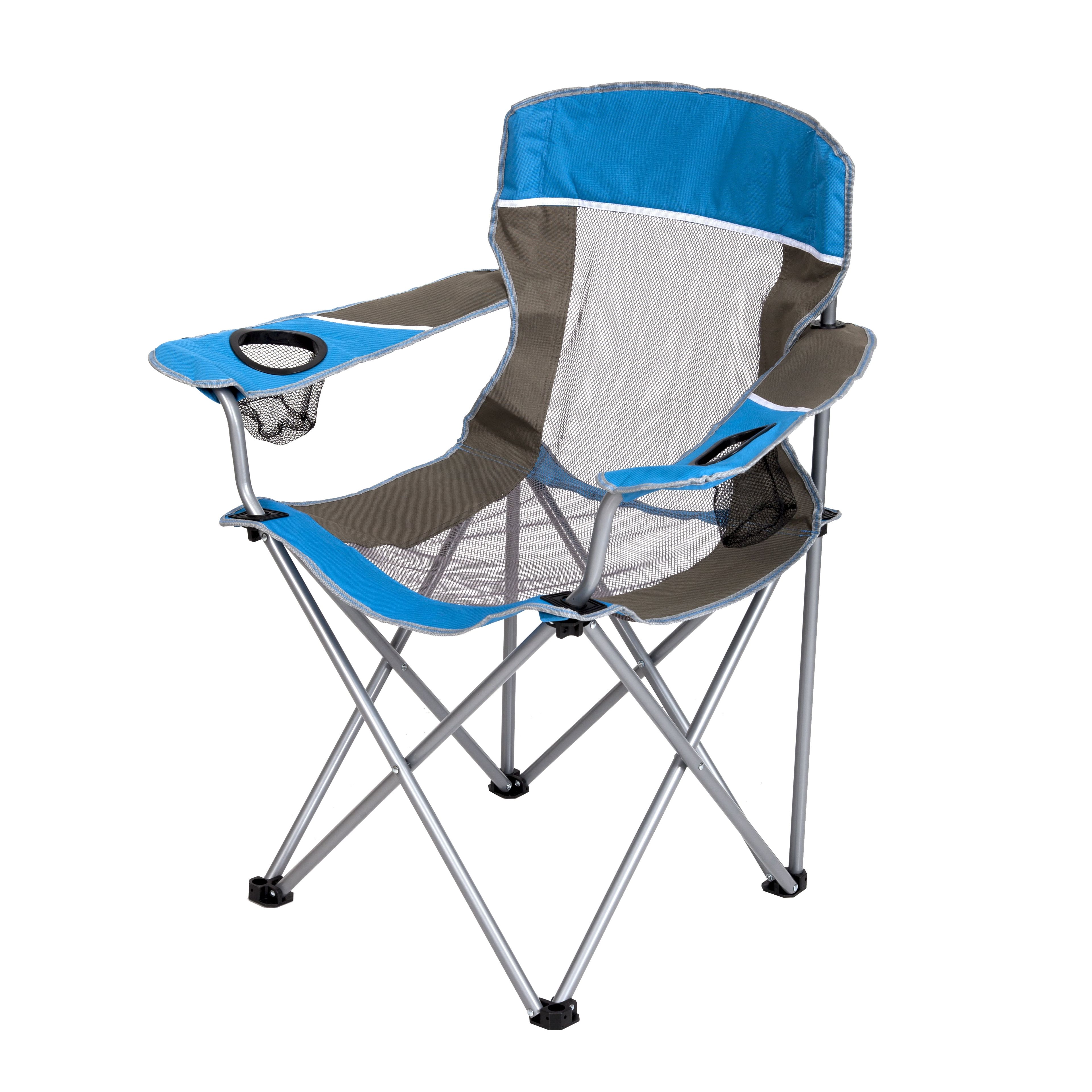 Oversized Blue and Gray Folding Mesh Camping Chair with Cup Holders