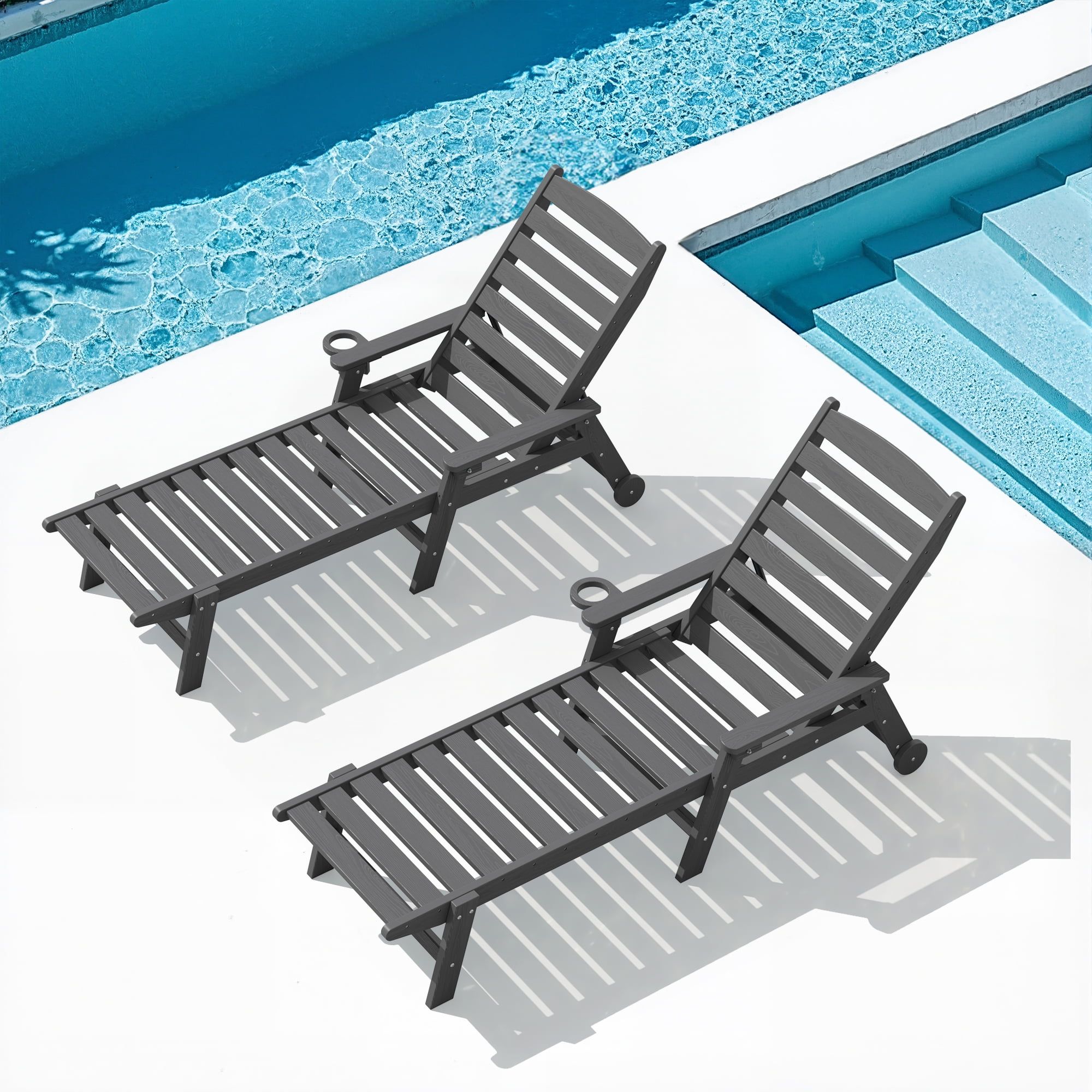 Gray 78" HDPE Adjustable Outdoor Chaise Lounge with Arms