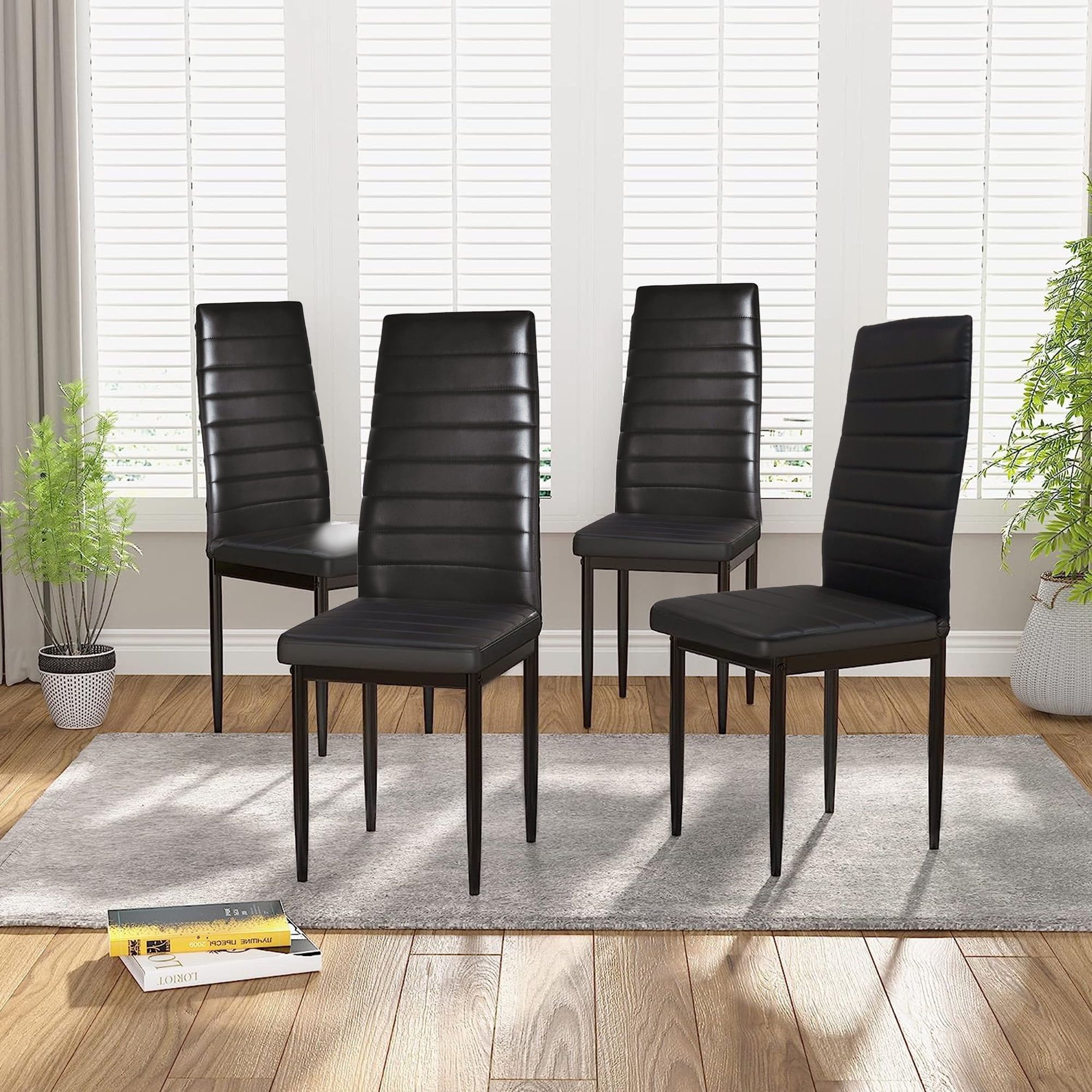 Black PU Leather Dining Chairs with Iron Legs, Set of 4