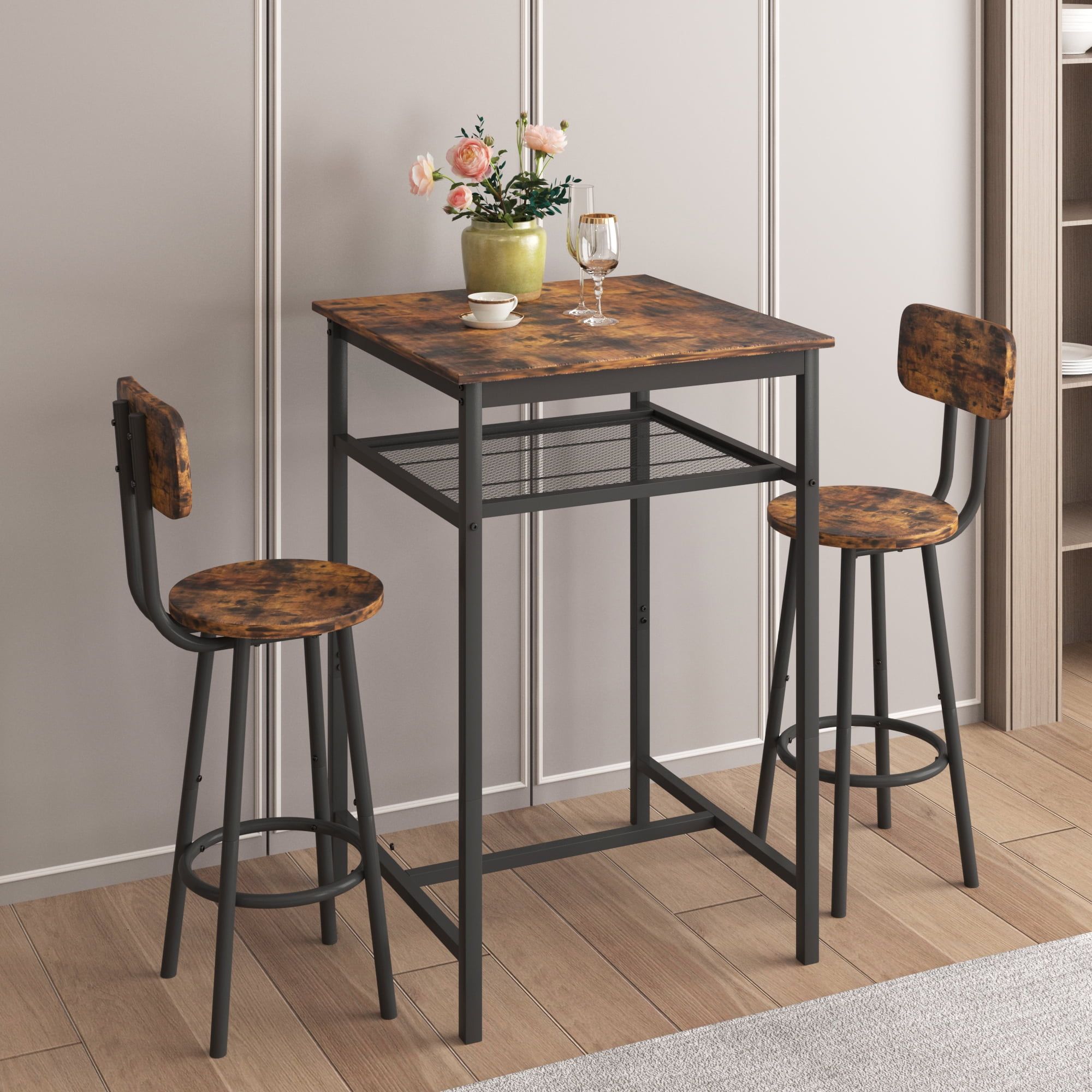 Rustic Brown Square Pub Table Set with 2 Stools