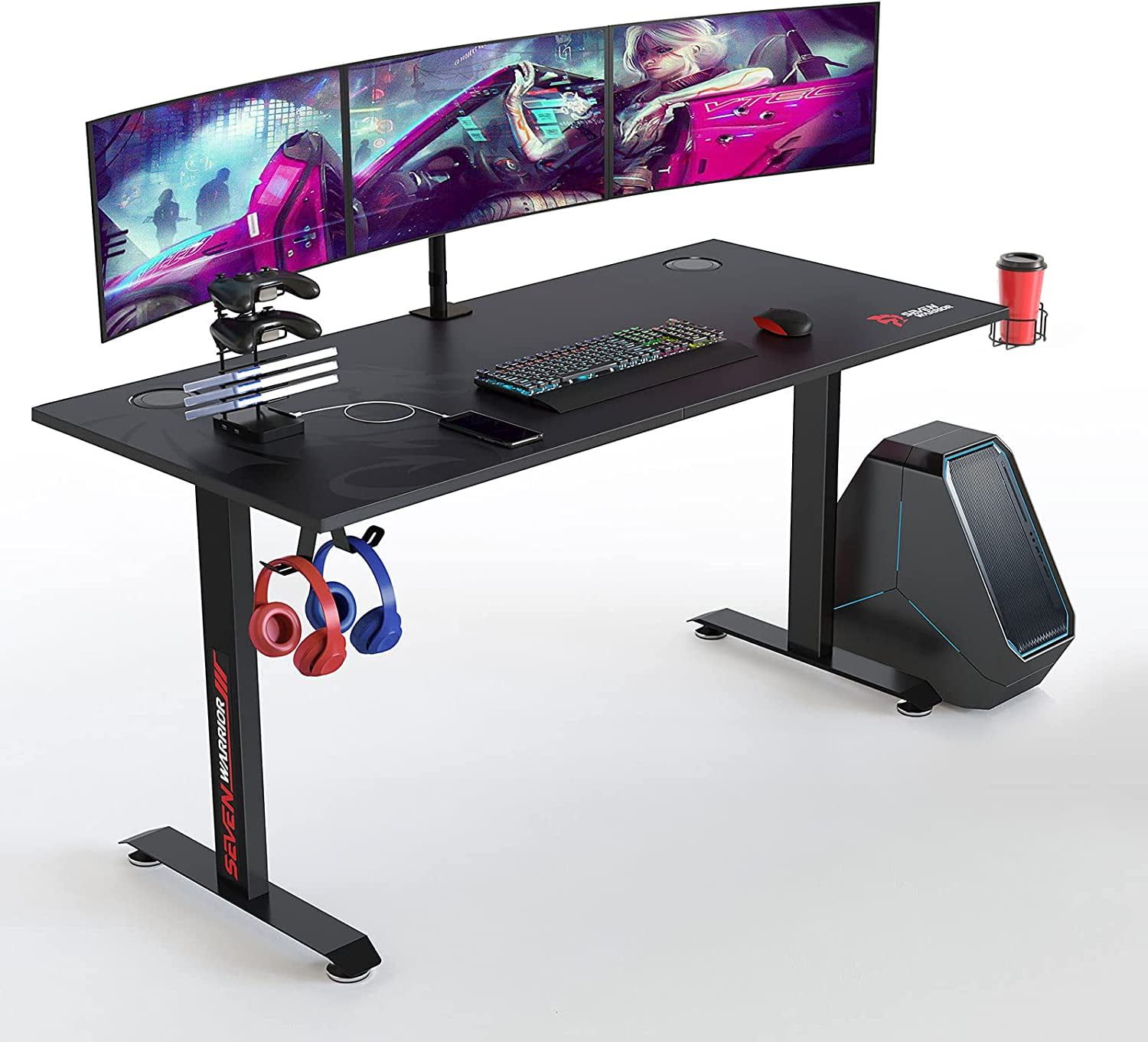 60-Inch Black Carbon Fiber Gaming Desk with Cup Holder and Headphone Hook