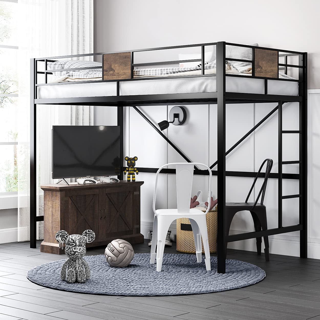 Black Metal Twin Loft Bed Frame with Stairs and Guardrail