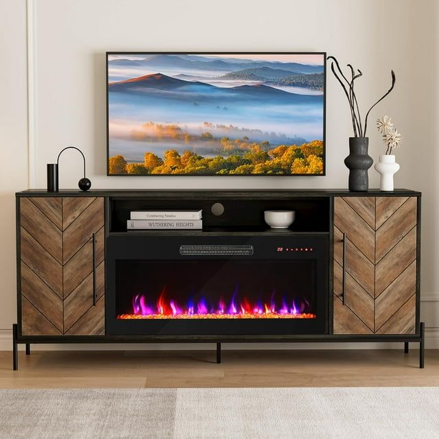 Black Ebony 68" TV Stand with Electric Fireplace and Cabinets