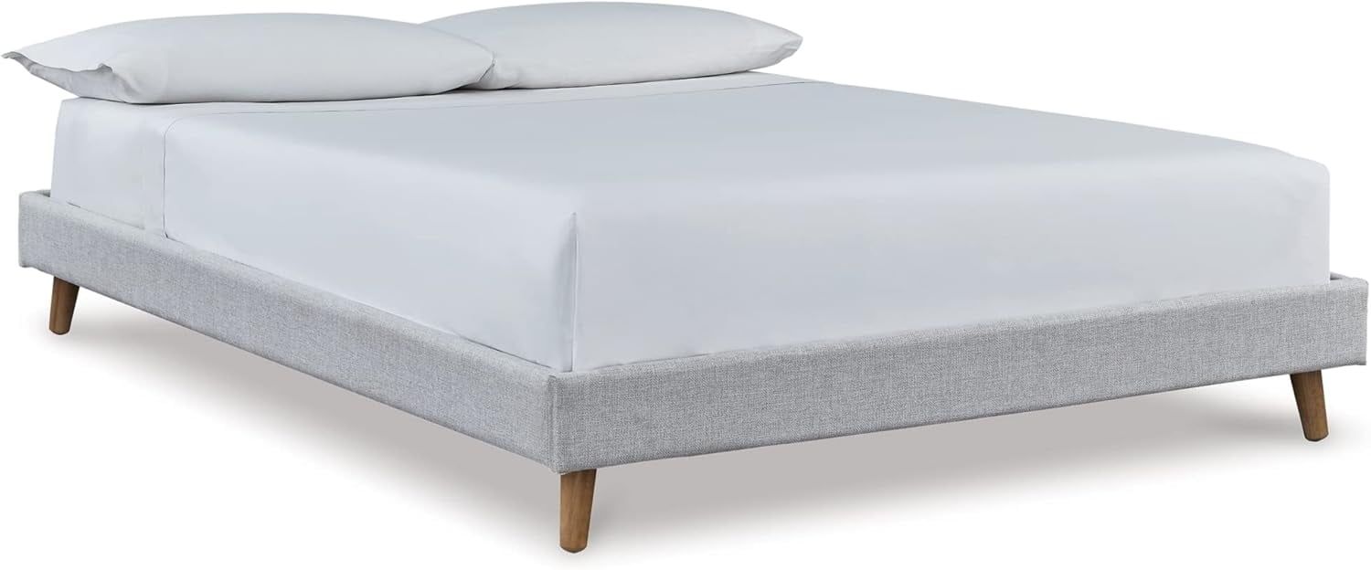 Beige Full Upholstered Platform Bed with Wood Legs