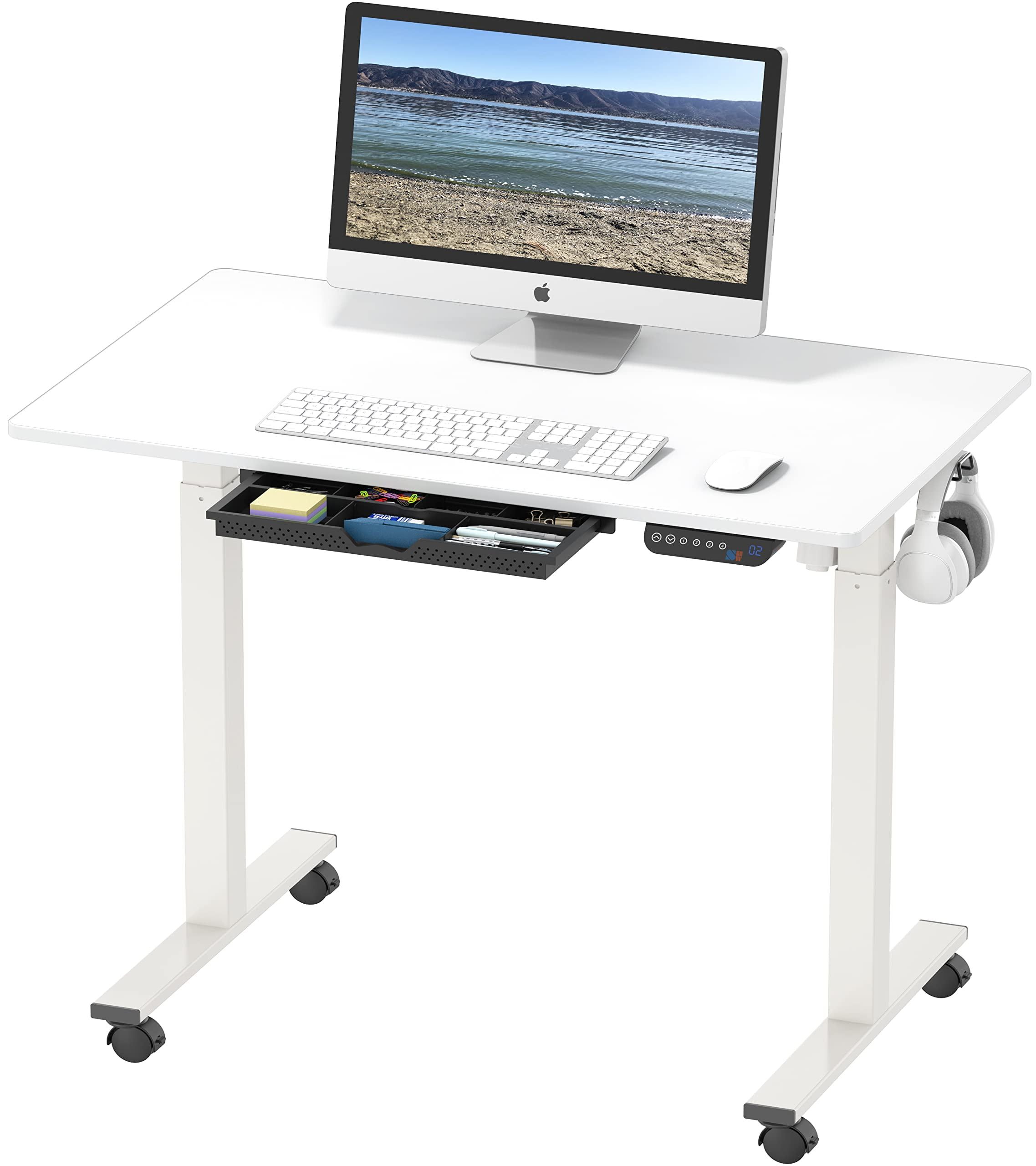 White Adjustable Height Standing Desk with Drawer and Wheels