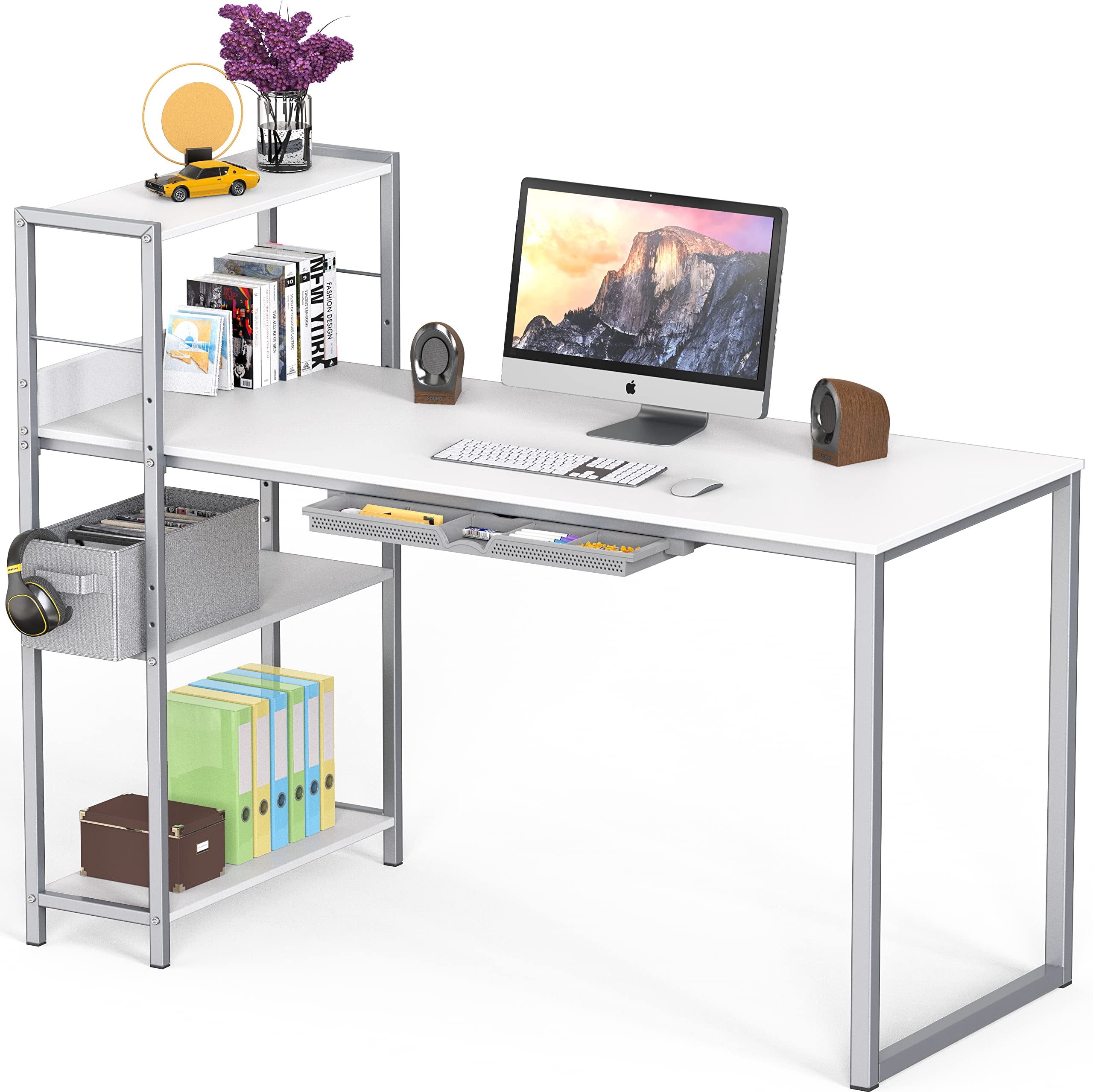 White 46-Inch Computer Desk with Adjustable Shelf and Drawer