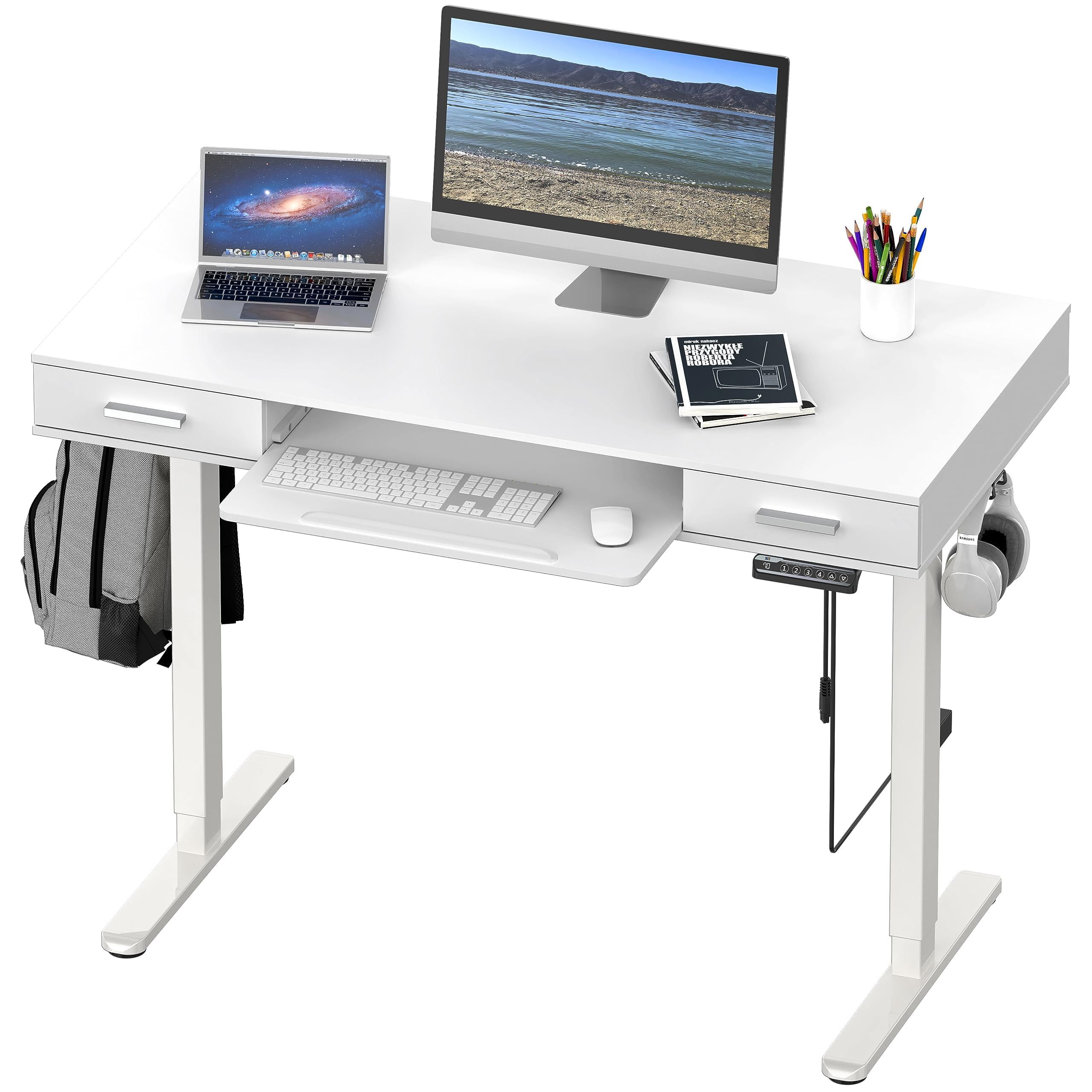 White Adjustable Height Standing Desk with Keyboard Tray and Drawers