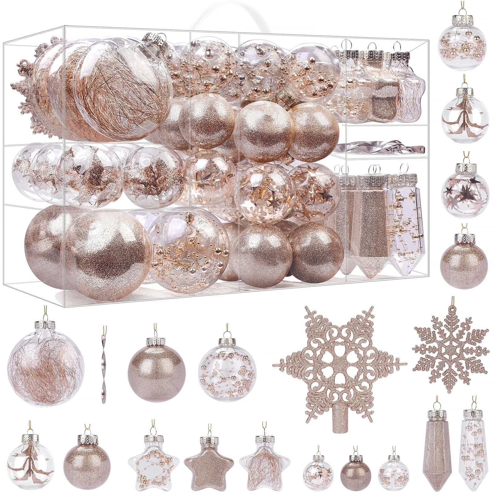 Champagne Shatterproof Plastic Christmas Ornaments Set, 86 Pieces