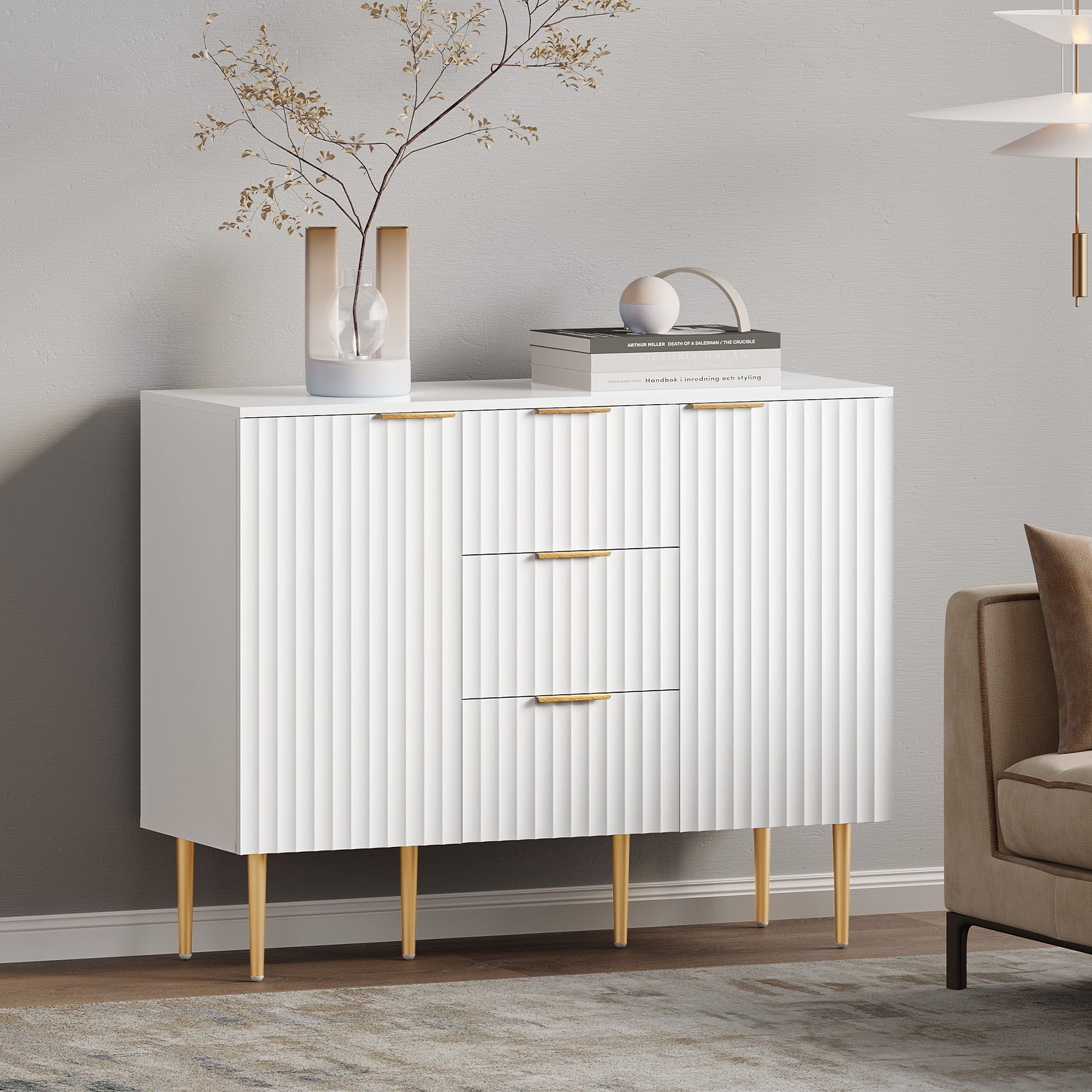 White Fluted Storage Cabinet with Gold Legs and Adjustable Shelves