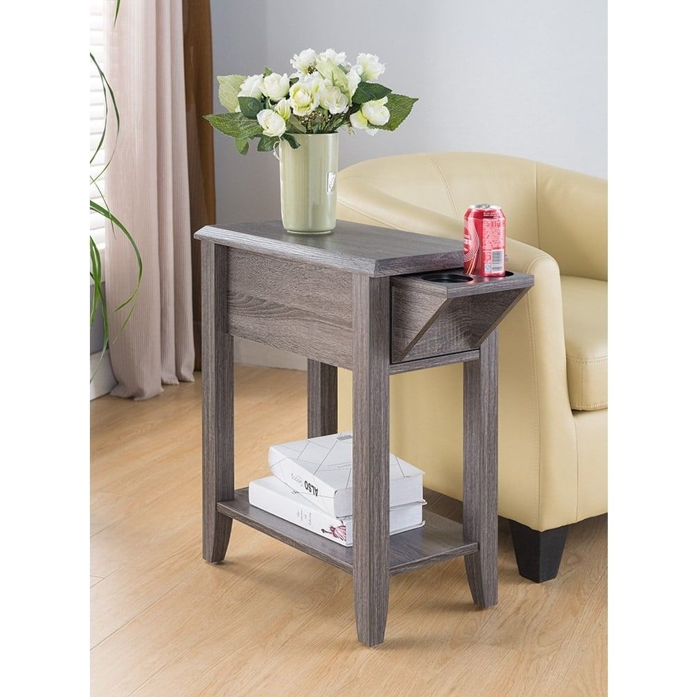 Gray Wood Side Table with Drawer and Cup Holders