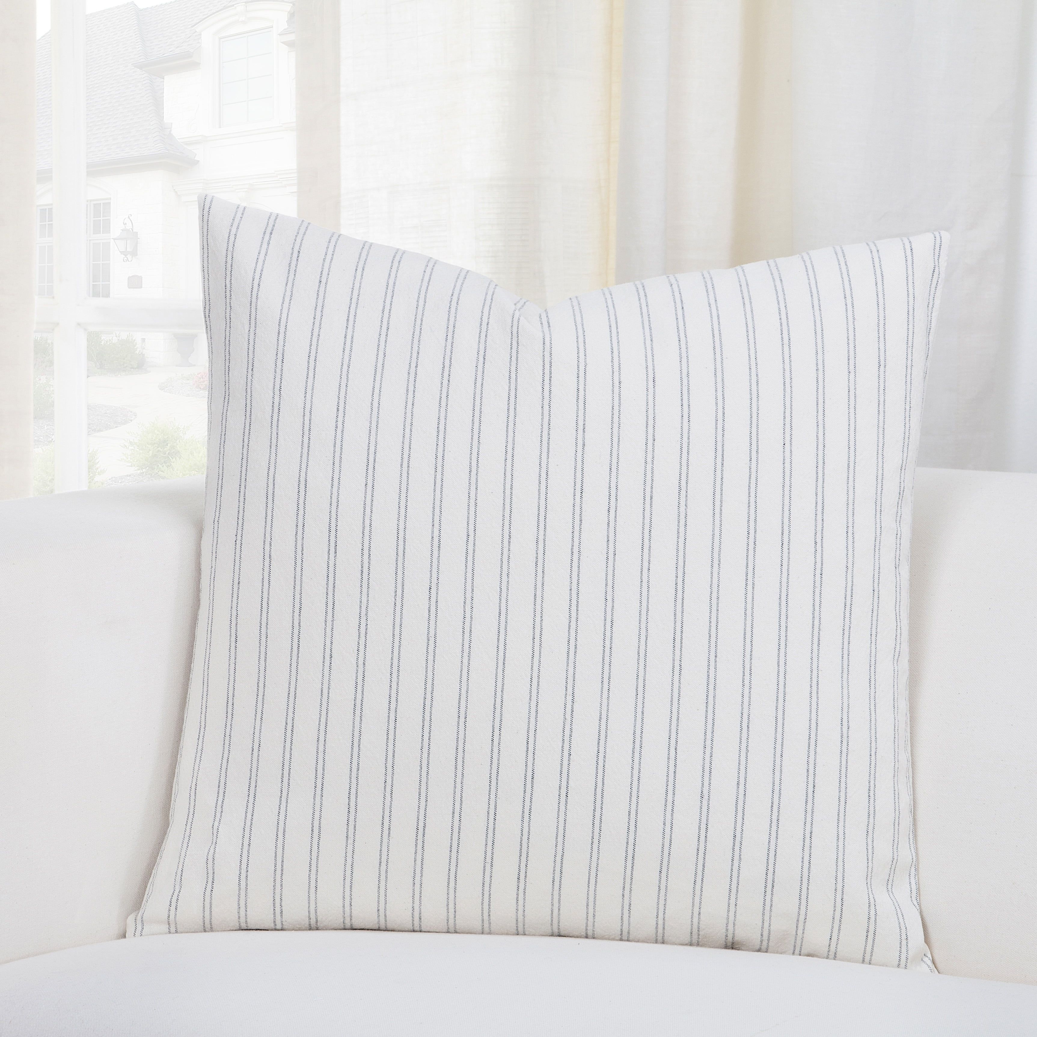 Modern Farmhouse Ticking Stripe 20" Square Throw Pillow in Blue and Off-White