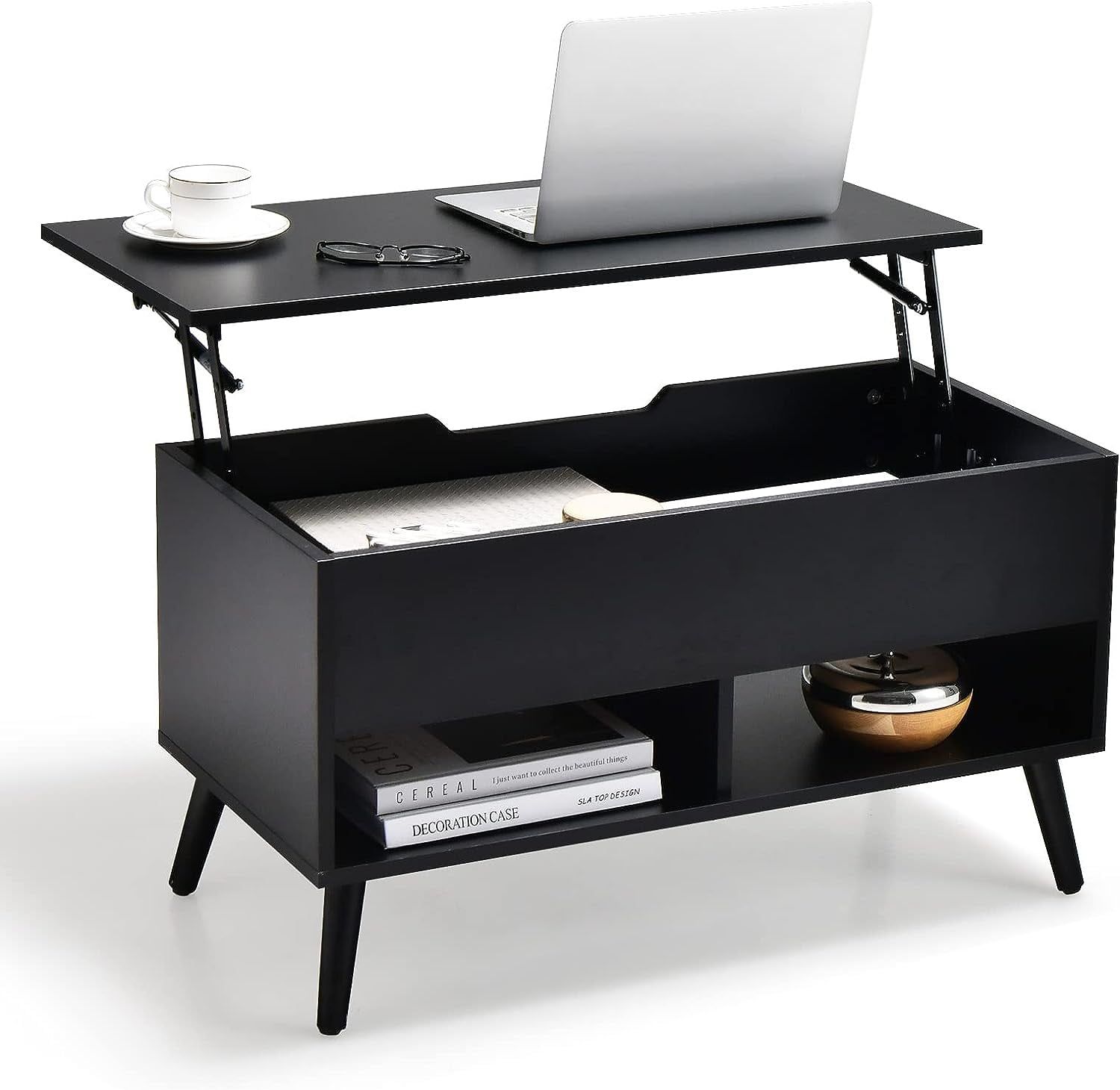 Sleek Modern Black Lift-Top Coffee Table with Hidden Storage