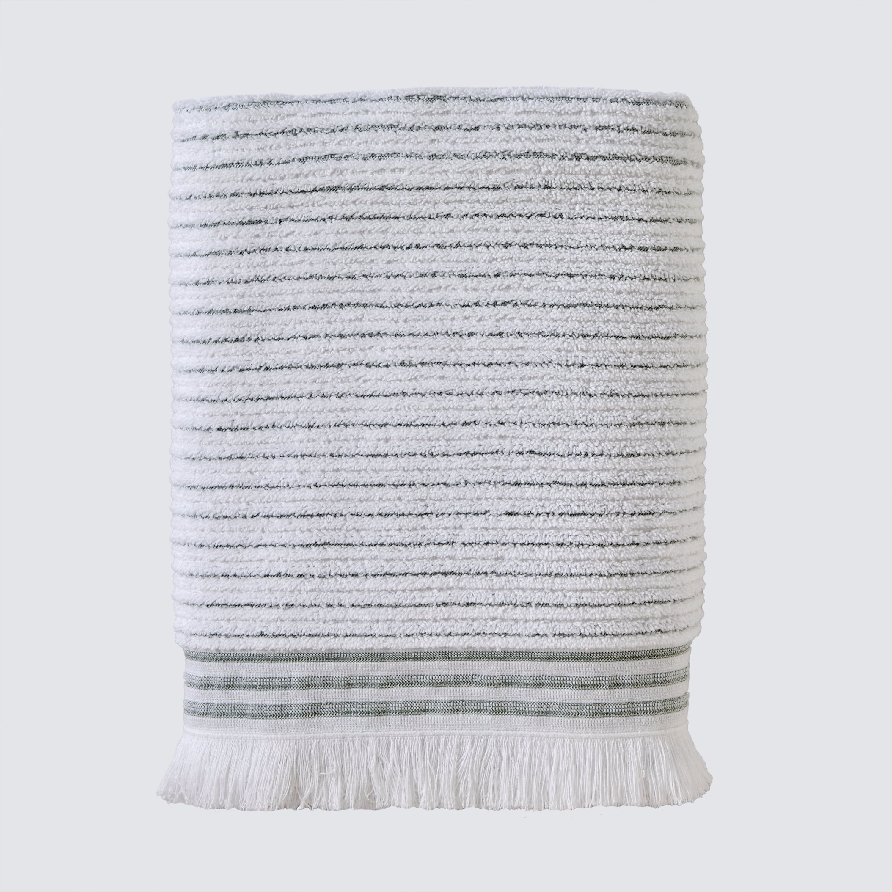 Sage Striped Turkish Cotton Bath Towel with Fringe