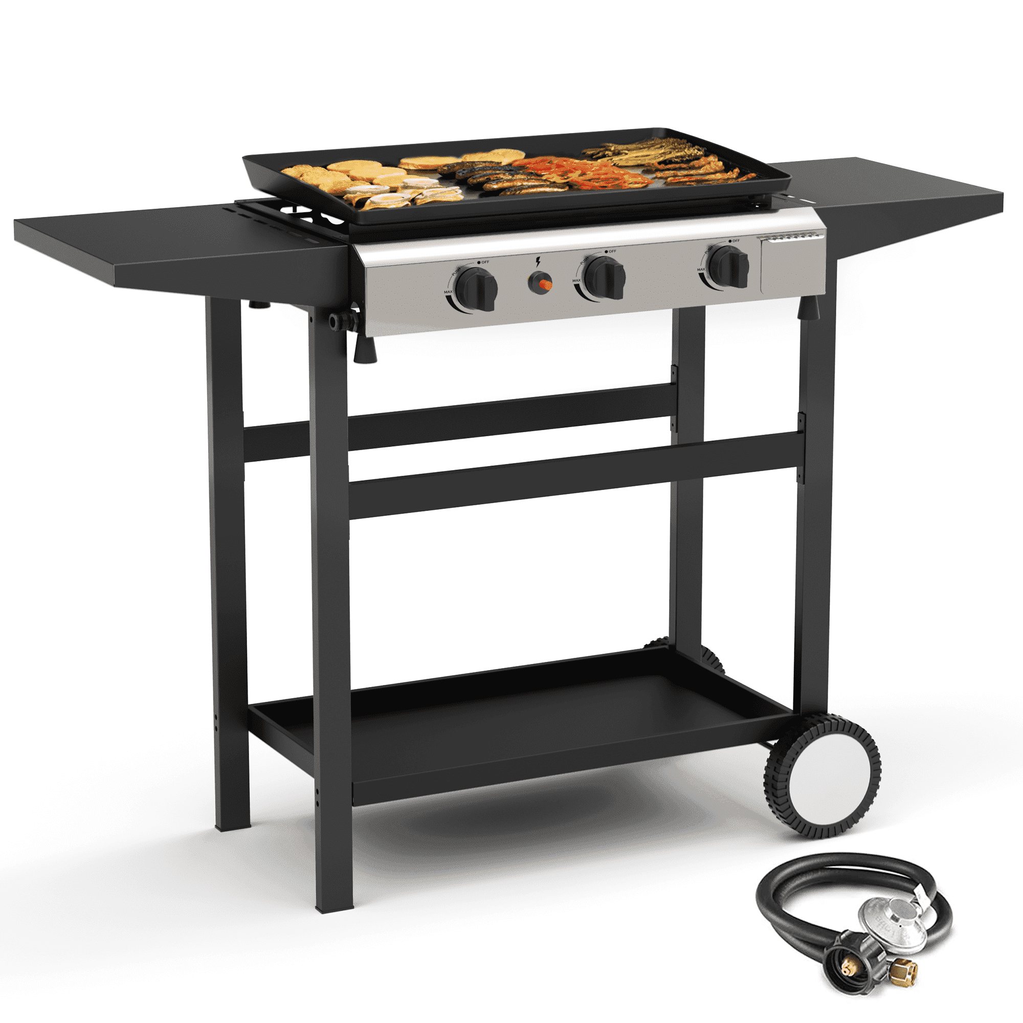 Black 3-Burner Propane Gas Griddle Cooking Station with Folding Shelves