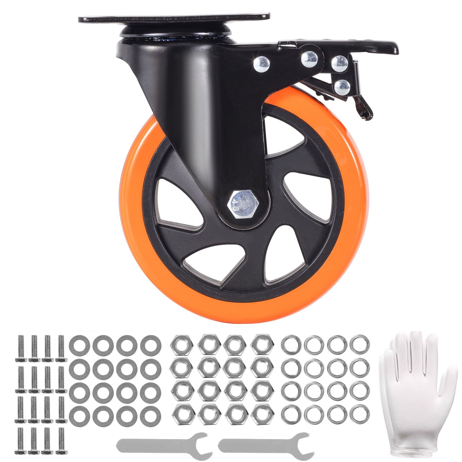 Heavy-Duty 5" Black and Orange Swivel Caster Wheels with Locking Brake