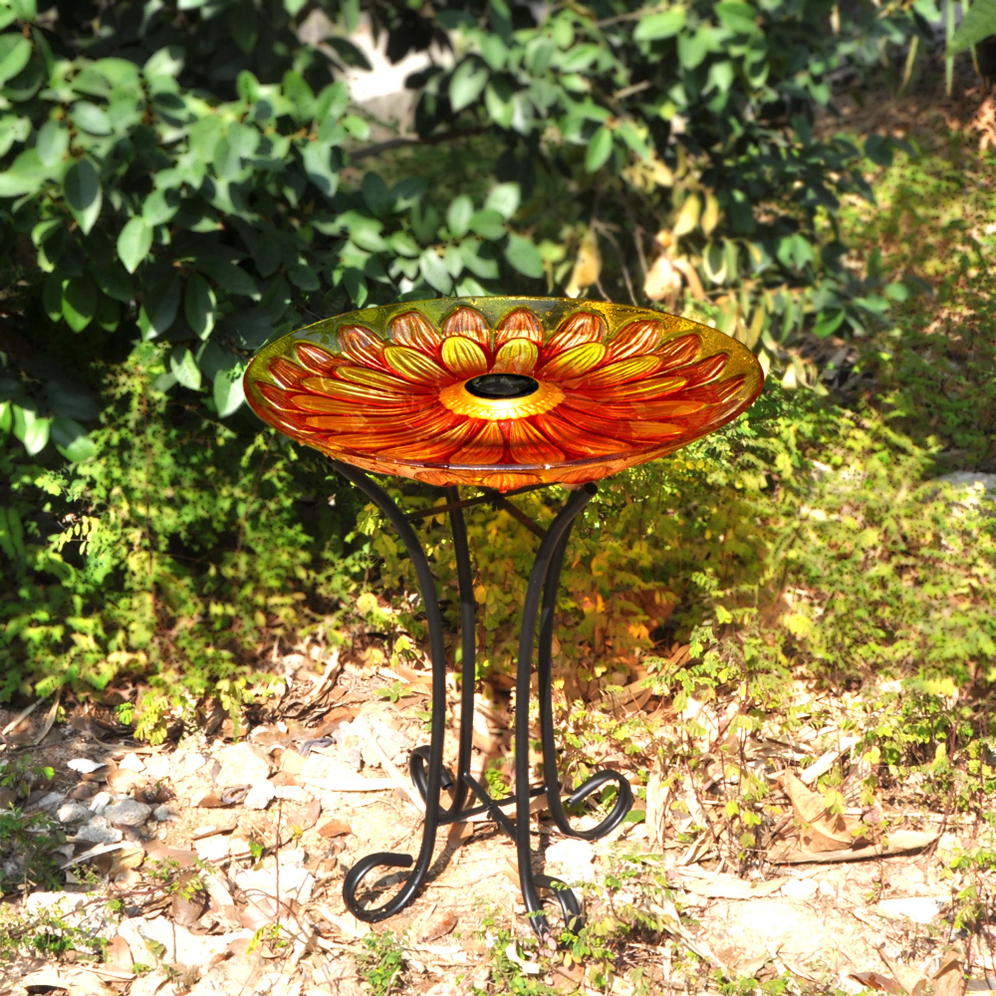 Solar Floral Glass Bird Bath with Metal Stand