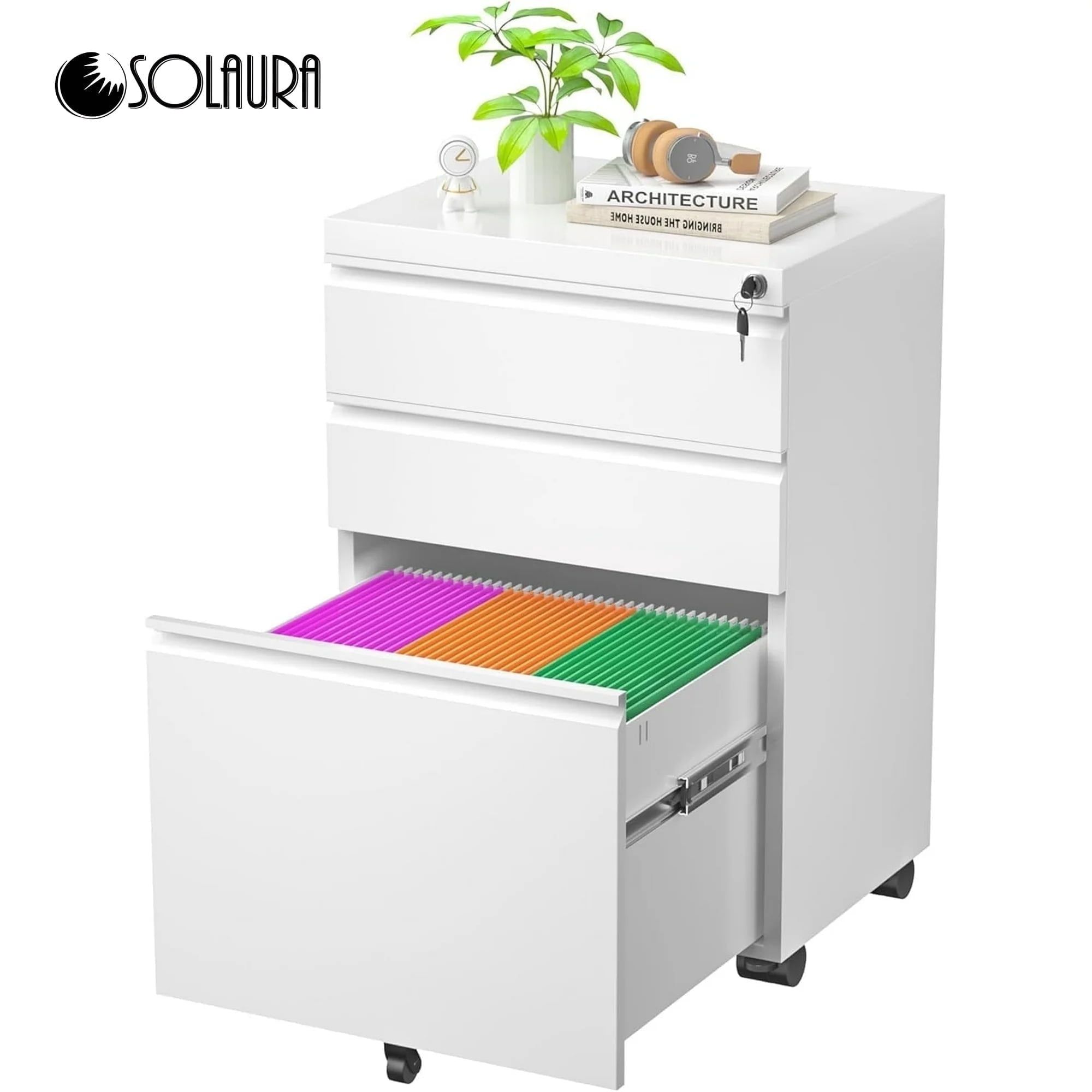 White Mobile Vertical 3-Drawer Lockable Metal File Cabinet