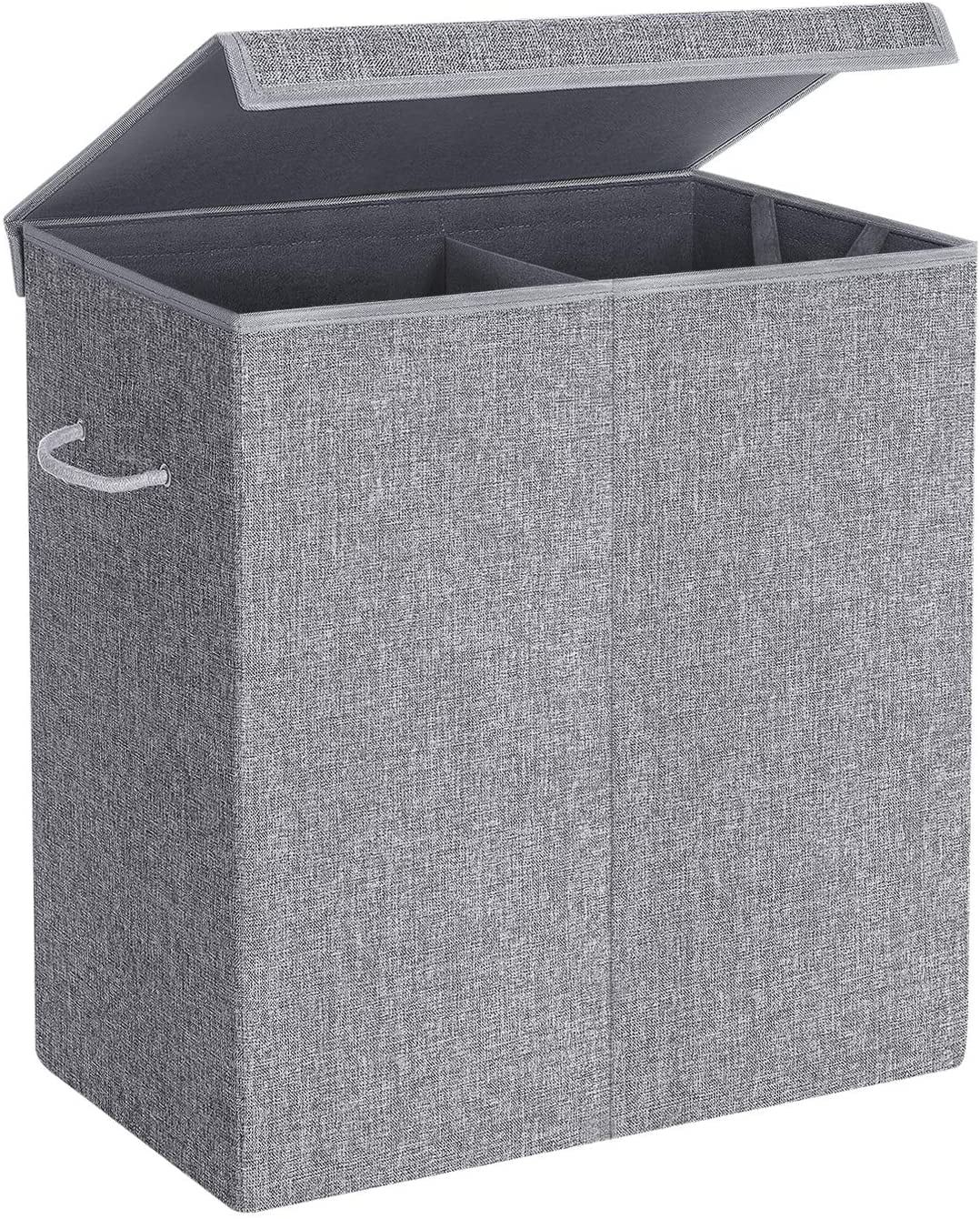 Gray Double Compartment Linen-Look Laundry Hamper with Lid