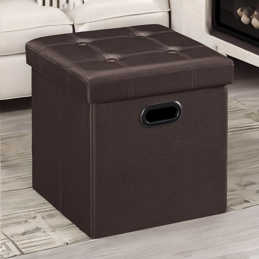 Brown Faux Leather Storage Ottoman with Handles, 15-inch