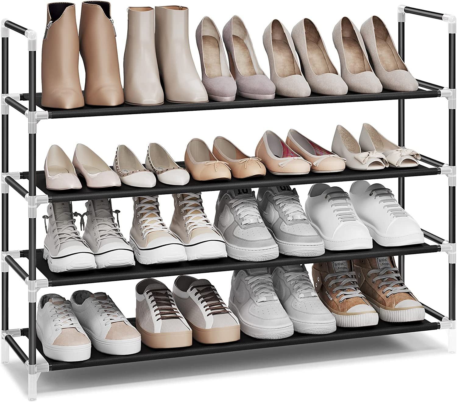 Black 4-Tier Metal and Fabric Shoe Rack