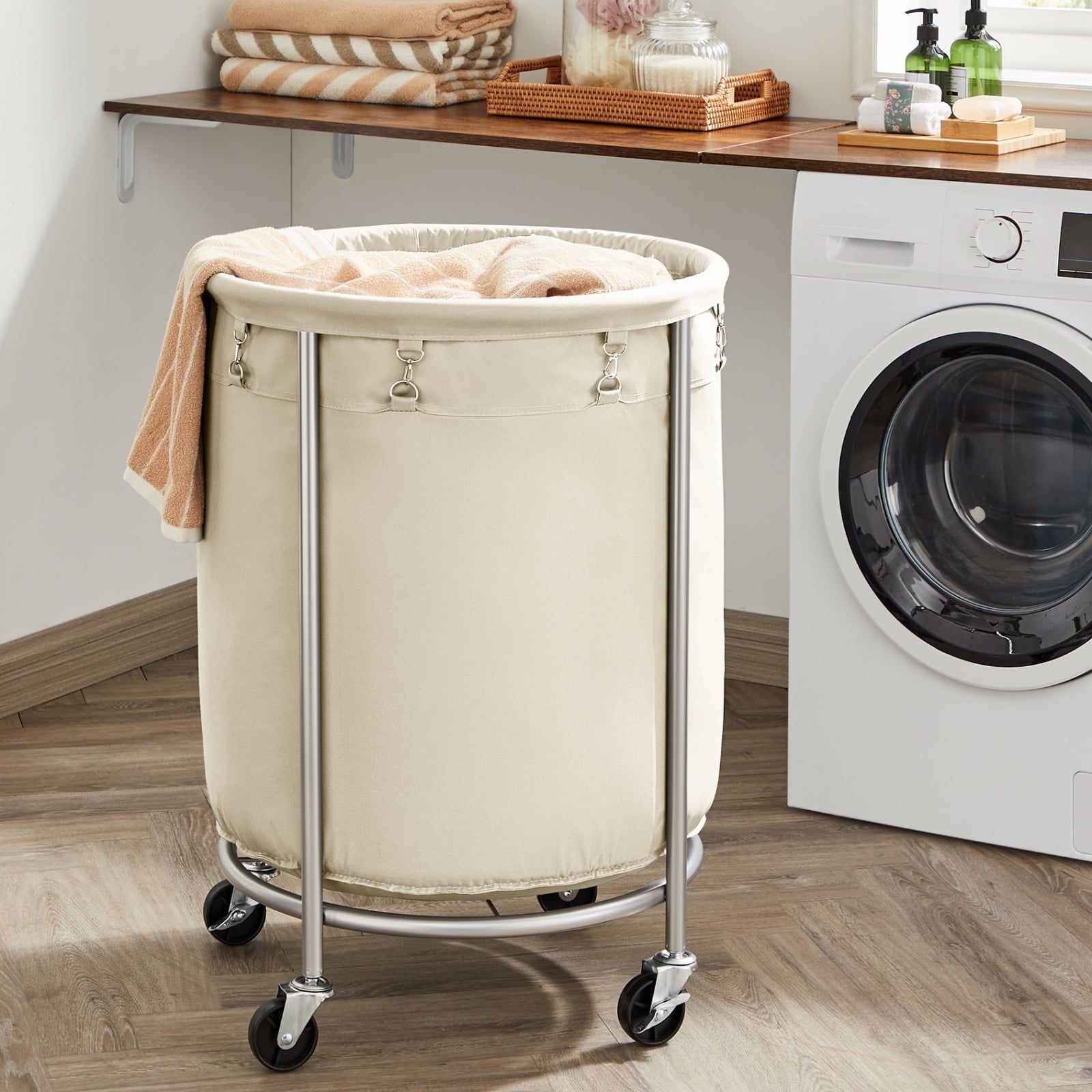 Modern Round Steel Frame Kids Laundry Hamper with Wheels