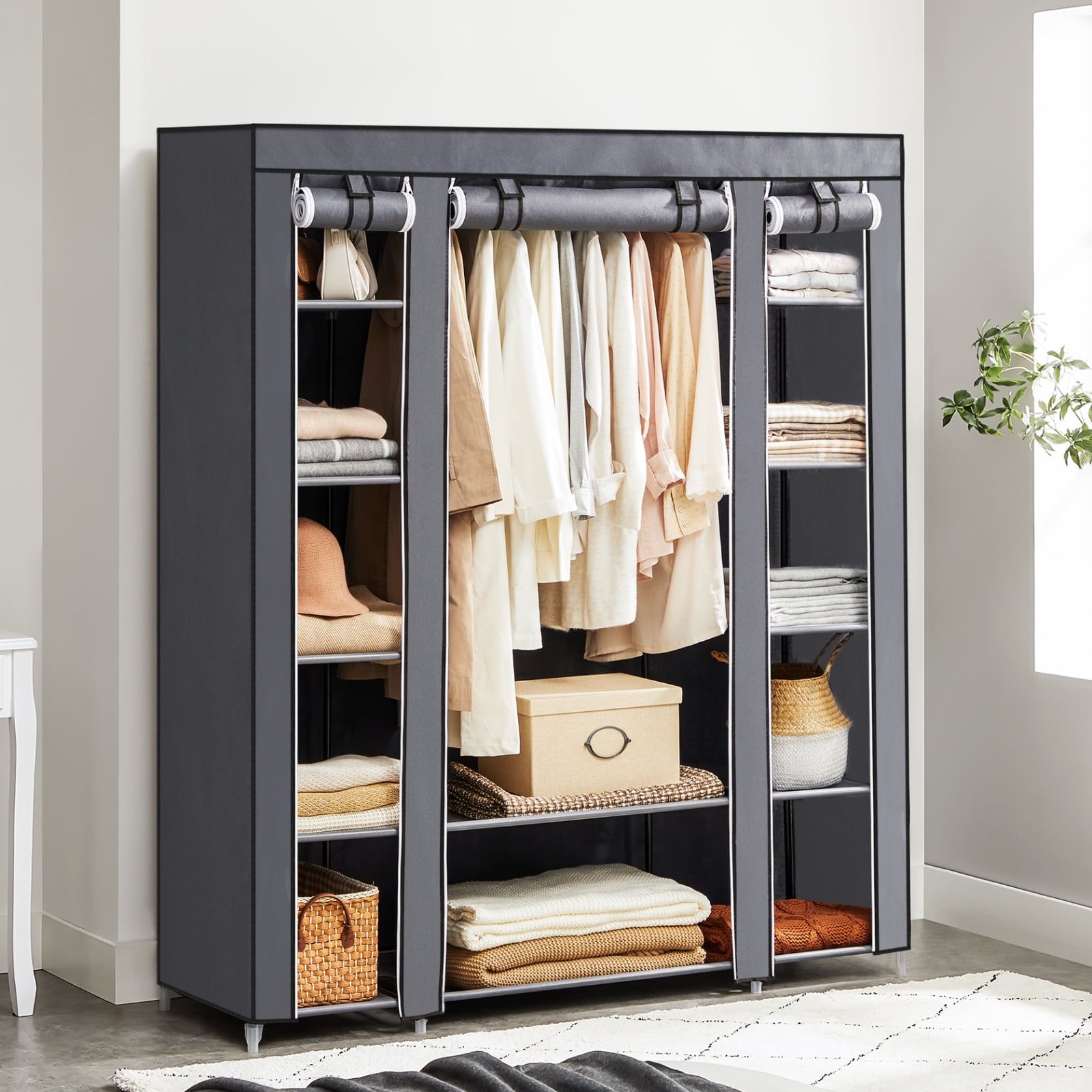 Gray Portable Closet Wardrobe with Shelves and Hanging Rod