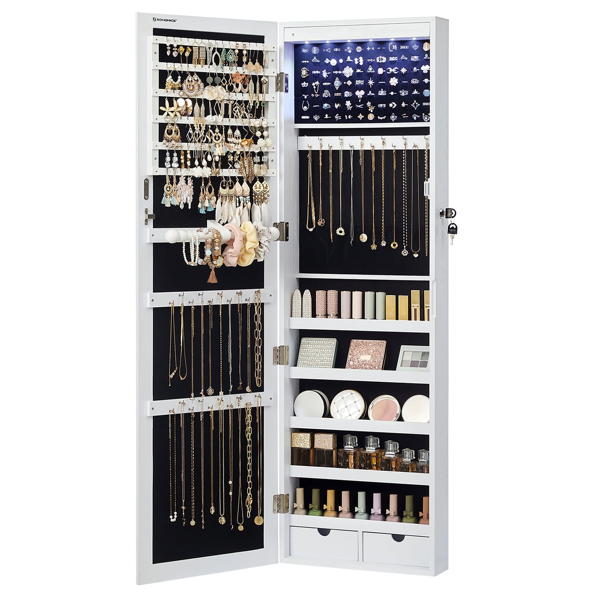 White Wall-Mounted Lockable Jewelry Cabinet with Mirror and LED Lights