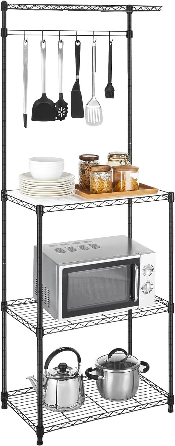 Black Adjustable Metal Kitchen Storage Rack with Shelves and Hooks