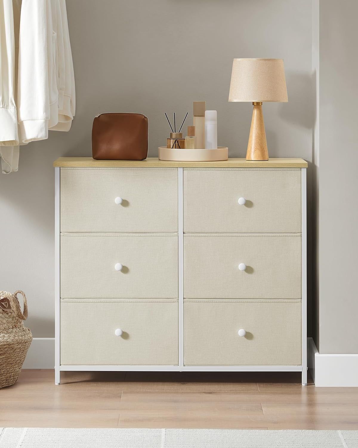 Camel Yellow and Cream White 6-Drawer Fabric Dresser with Metal Frame