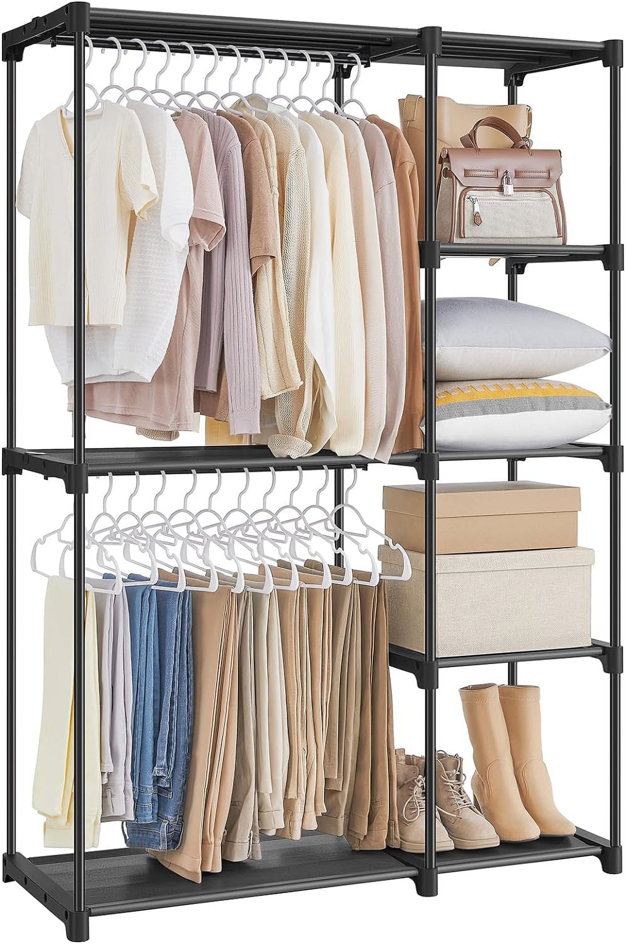 Black Freestanding Closet Organizer with Hanging Rods and Shelves