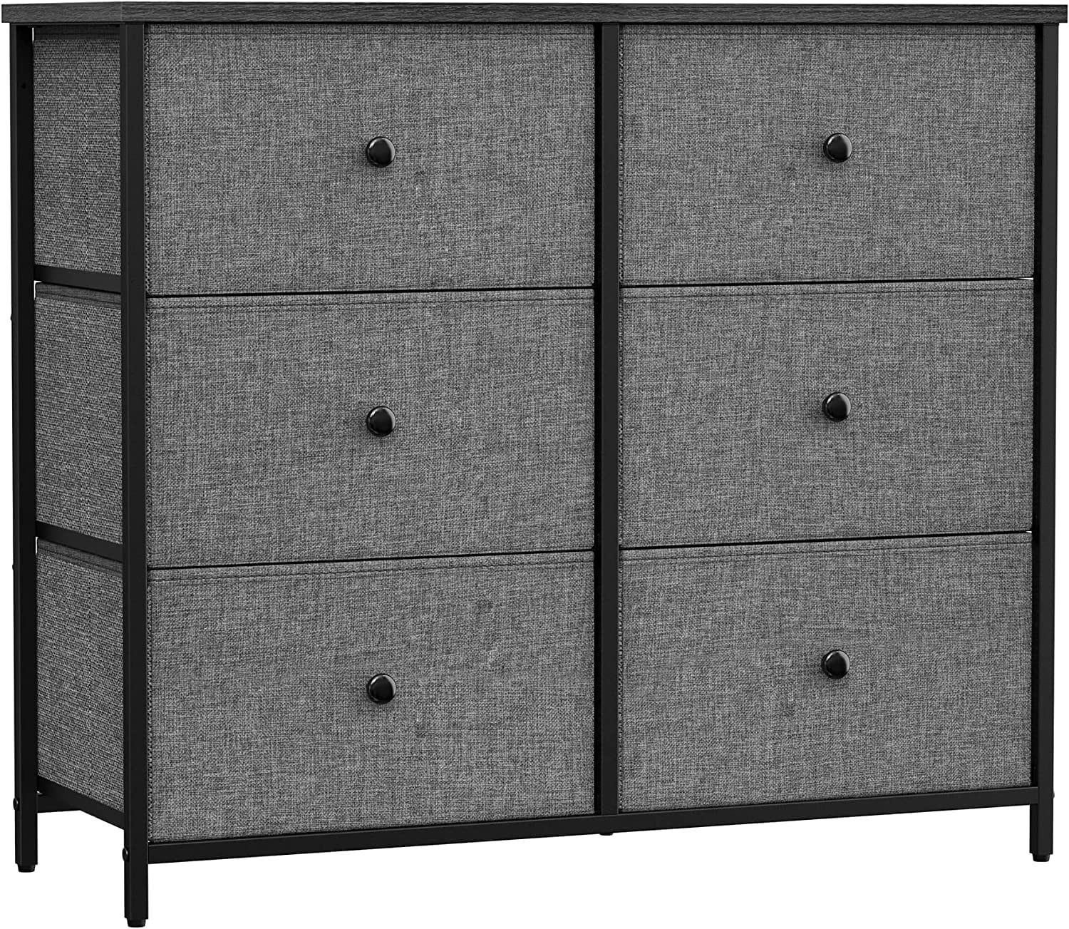 Gray and Black 6-Drawer Fabric Dresser with Wood Grain