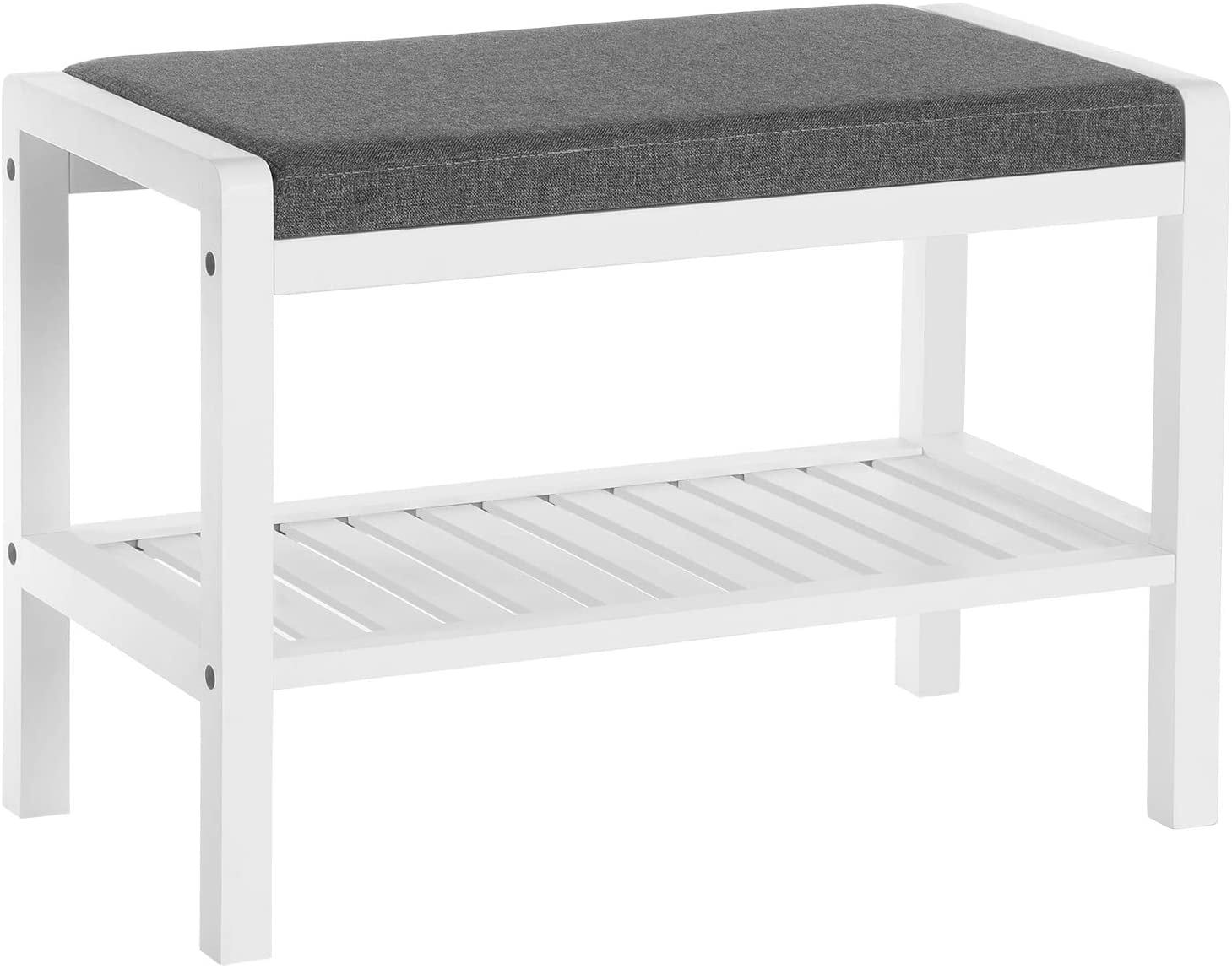 White Bamboo Shoe Rack Bench with Gray Upholstered Cushion