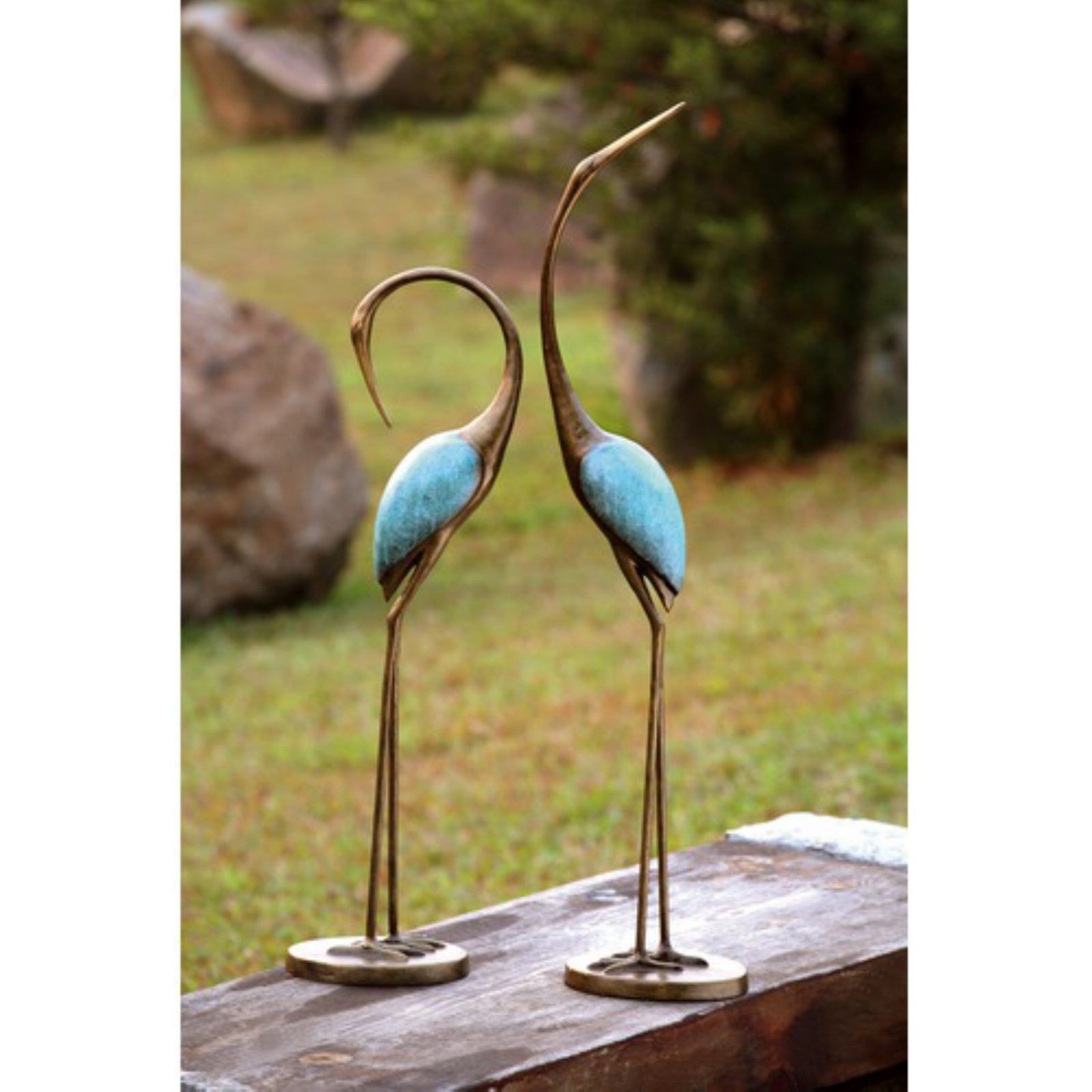 Hand Painted Gold and Blue Aluminum Garden Crane Pair