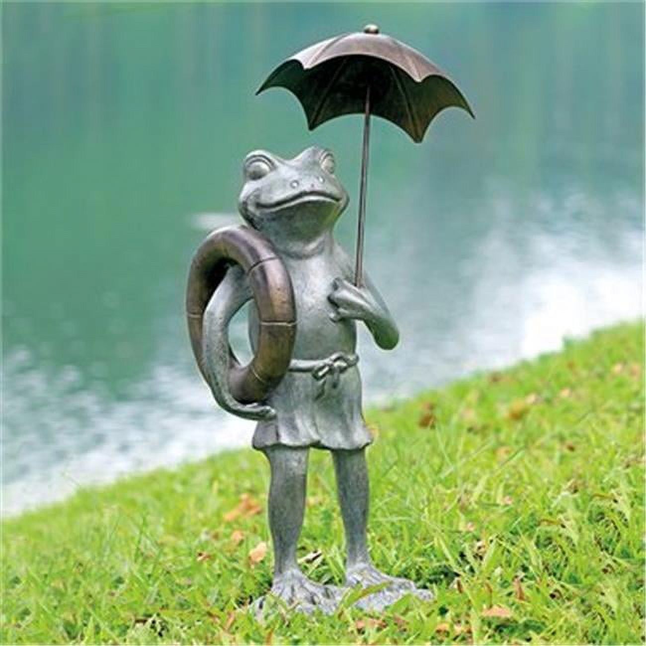 Whimsical Aluminum Frog Garden Sculpture with Umbrella