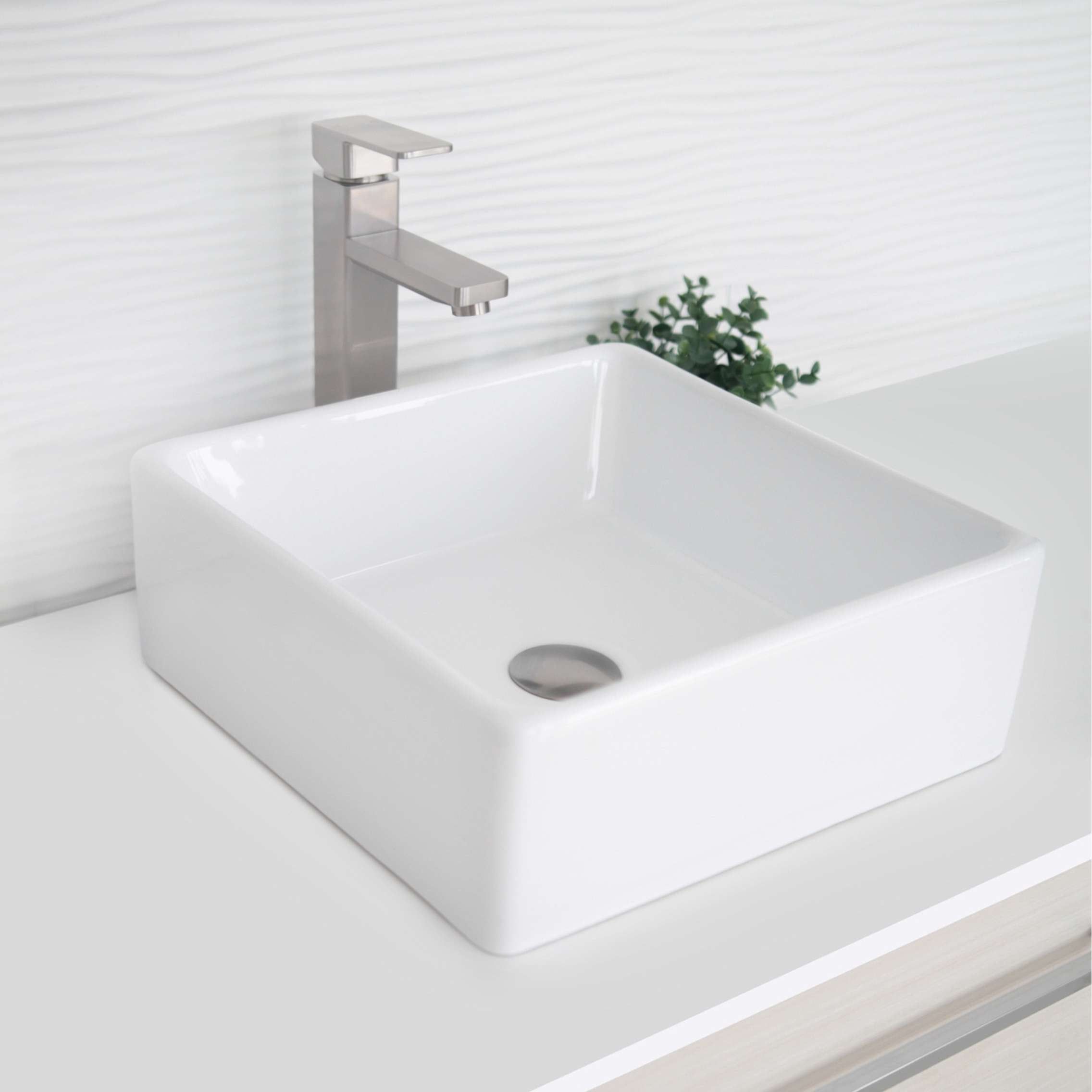 White Ceramic Square Above-Counter Bathroom Vessel Sink, 15 Inch