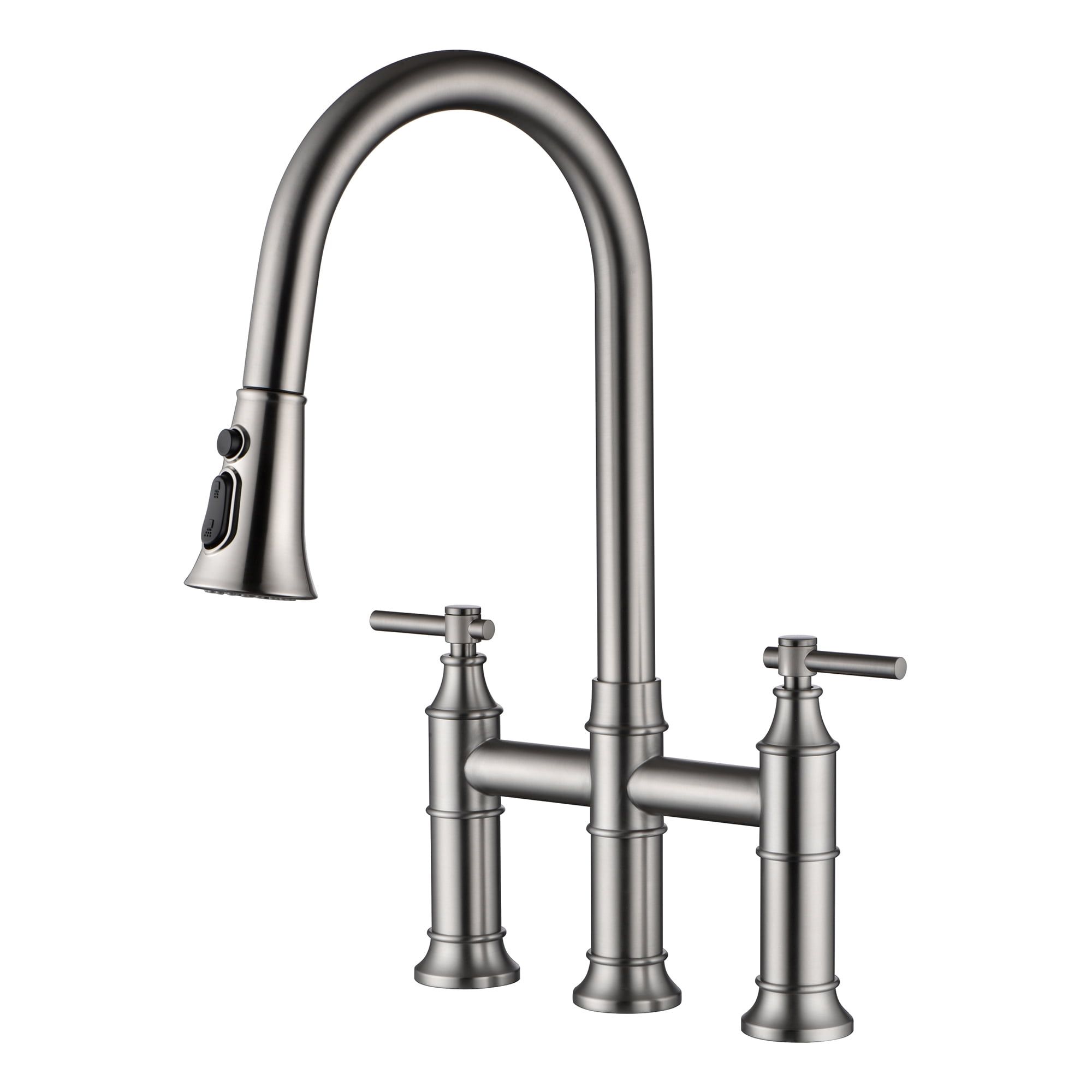 Brushed Nickel Double Handle Bridge Kitchen Faucet with Pull-out Spray