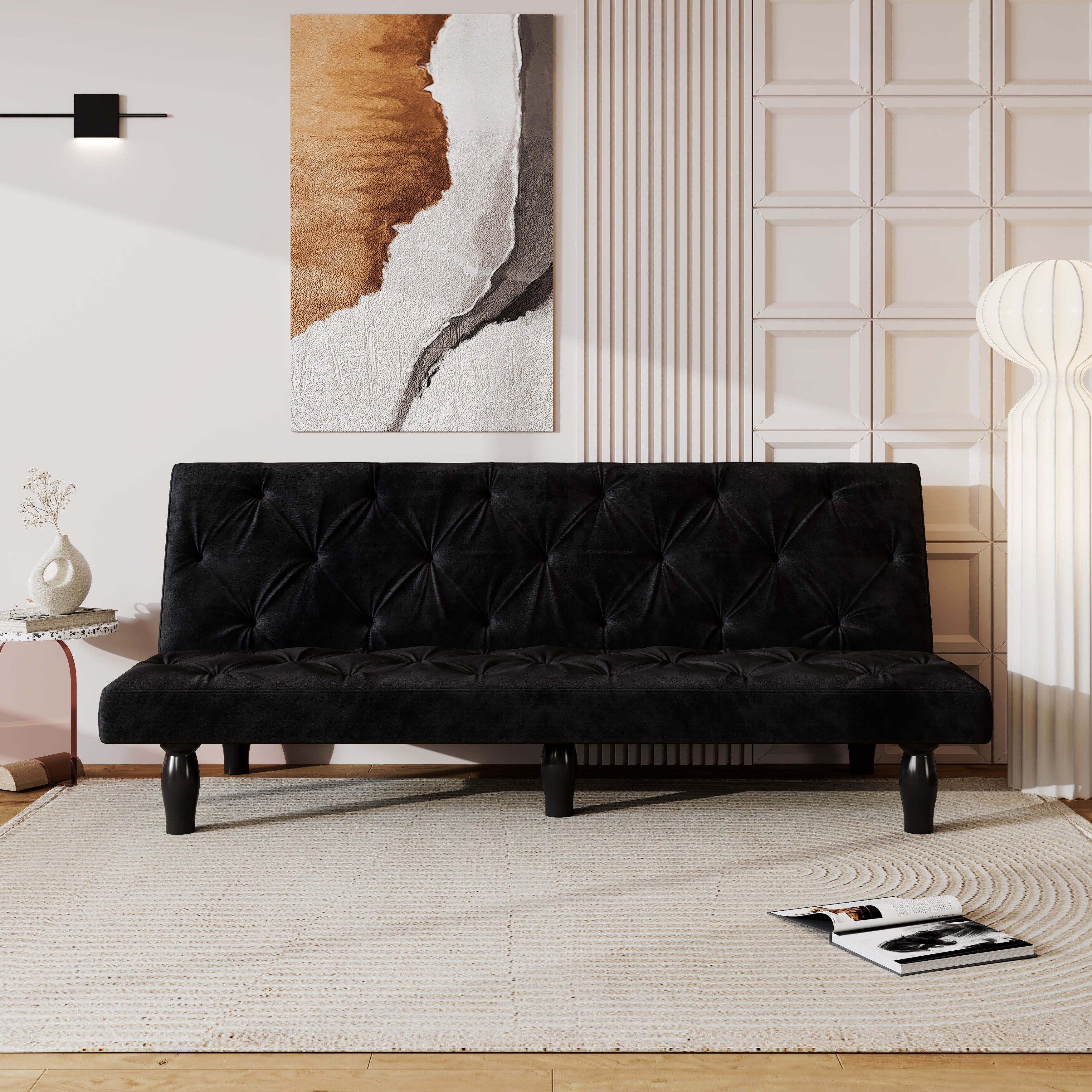 Black Tufted Velvet Sleeper Sofa with Solid Wood Frame