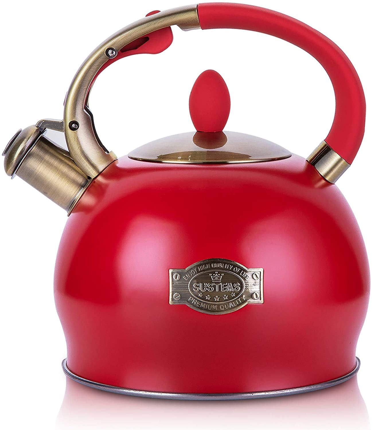 Red Stainless Steel Whistling Teapot with Ergonomic Handle