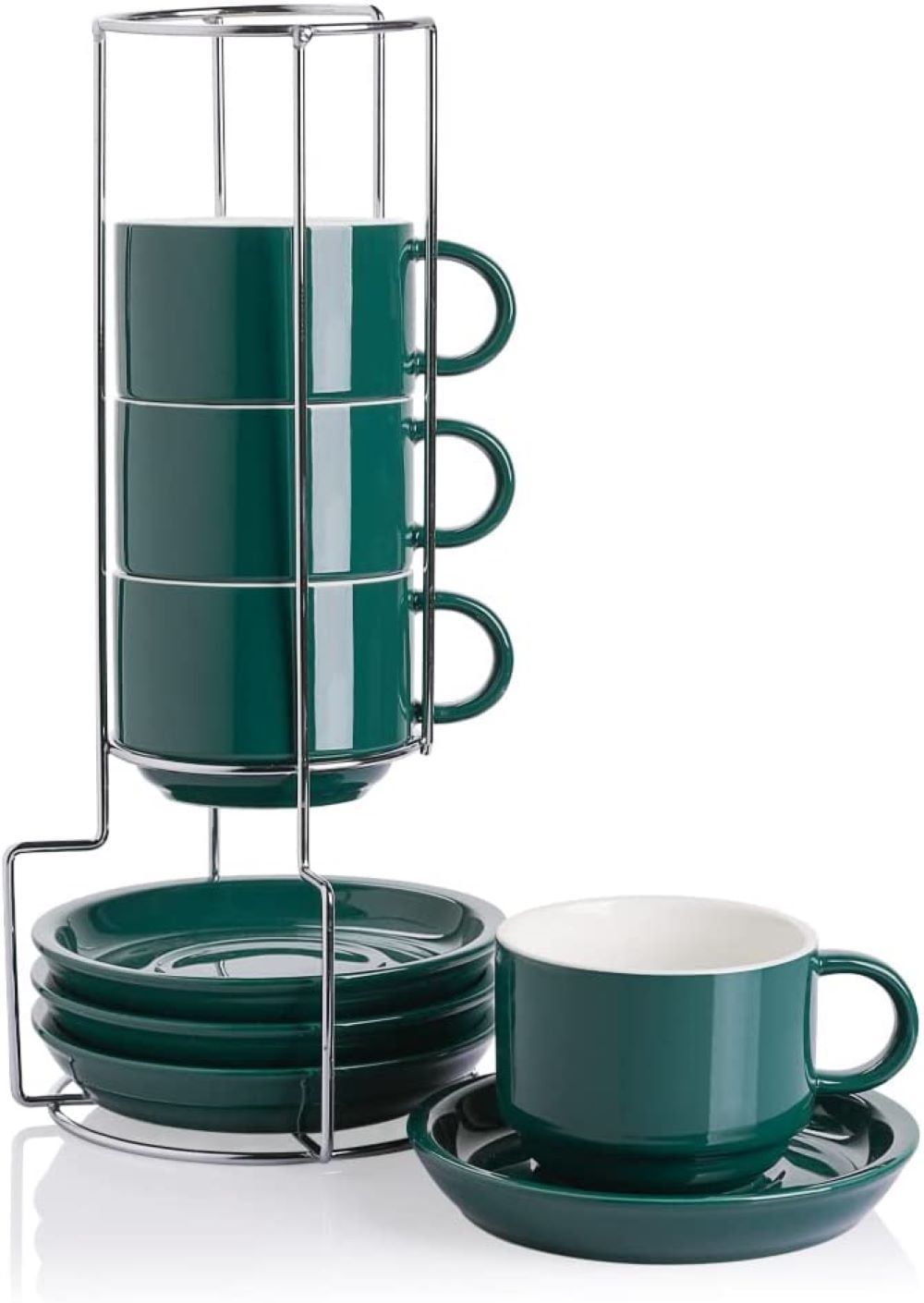 Jade Porcelain Stackable Espresso Cups with Saucers and Metal Stand, 4 Ounce, Set of 4