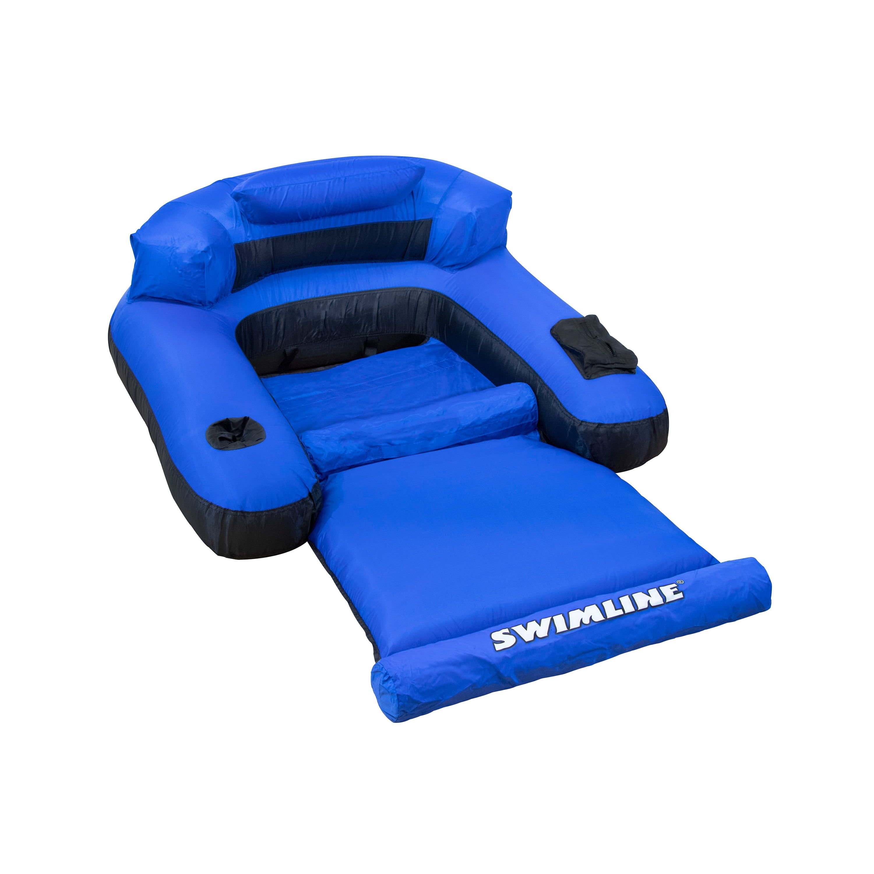 Blue Nylon Inflatable Pool Lounger with Armrests and Cup Holder