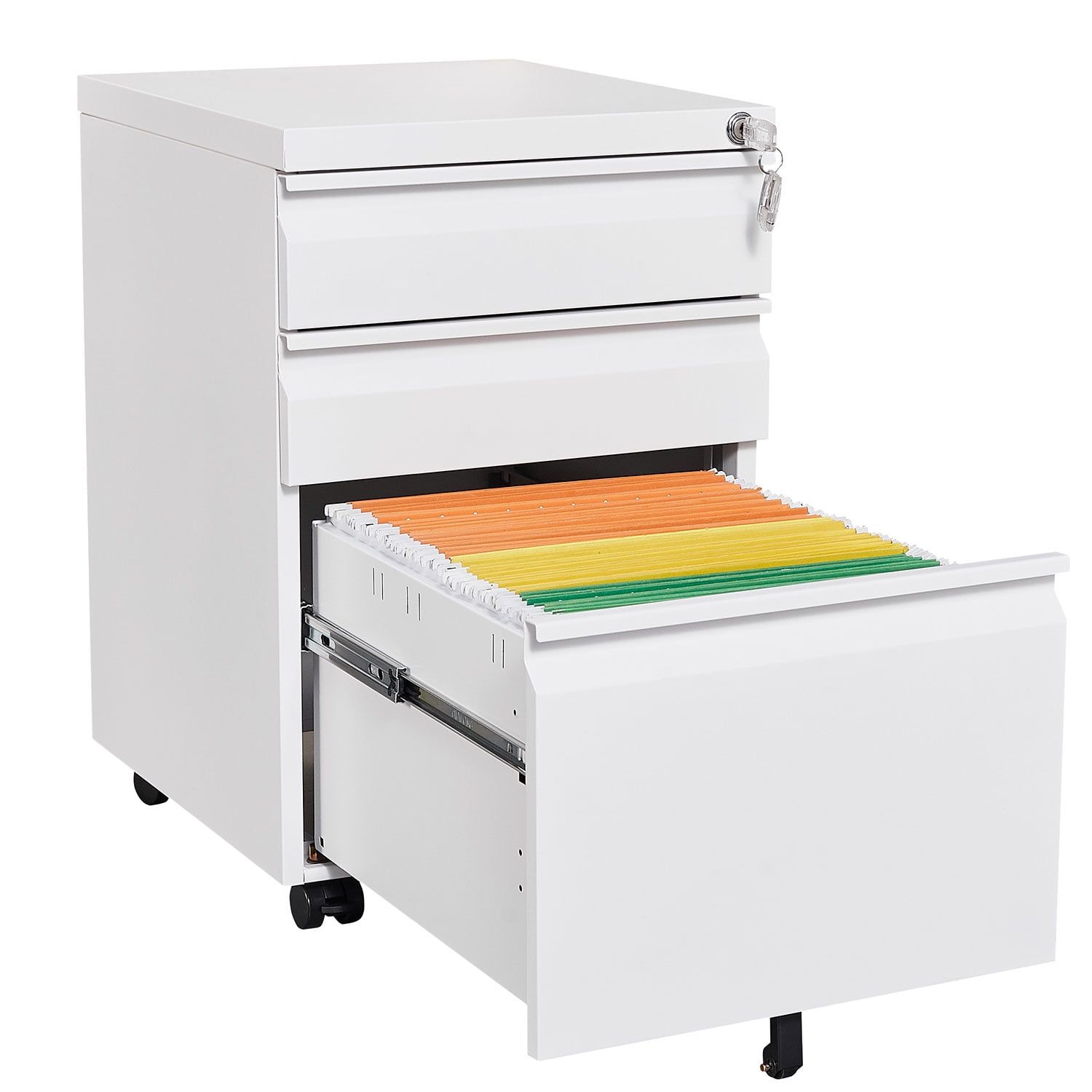 White Metal Mobile 3-Drawer Lockable Filing Cabinet