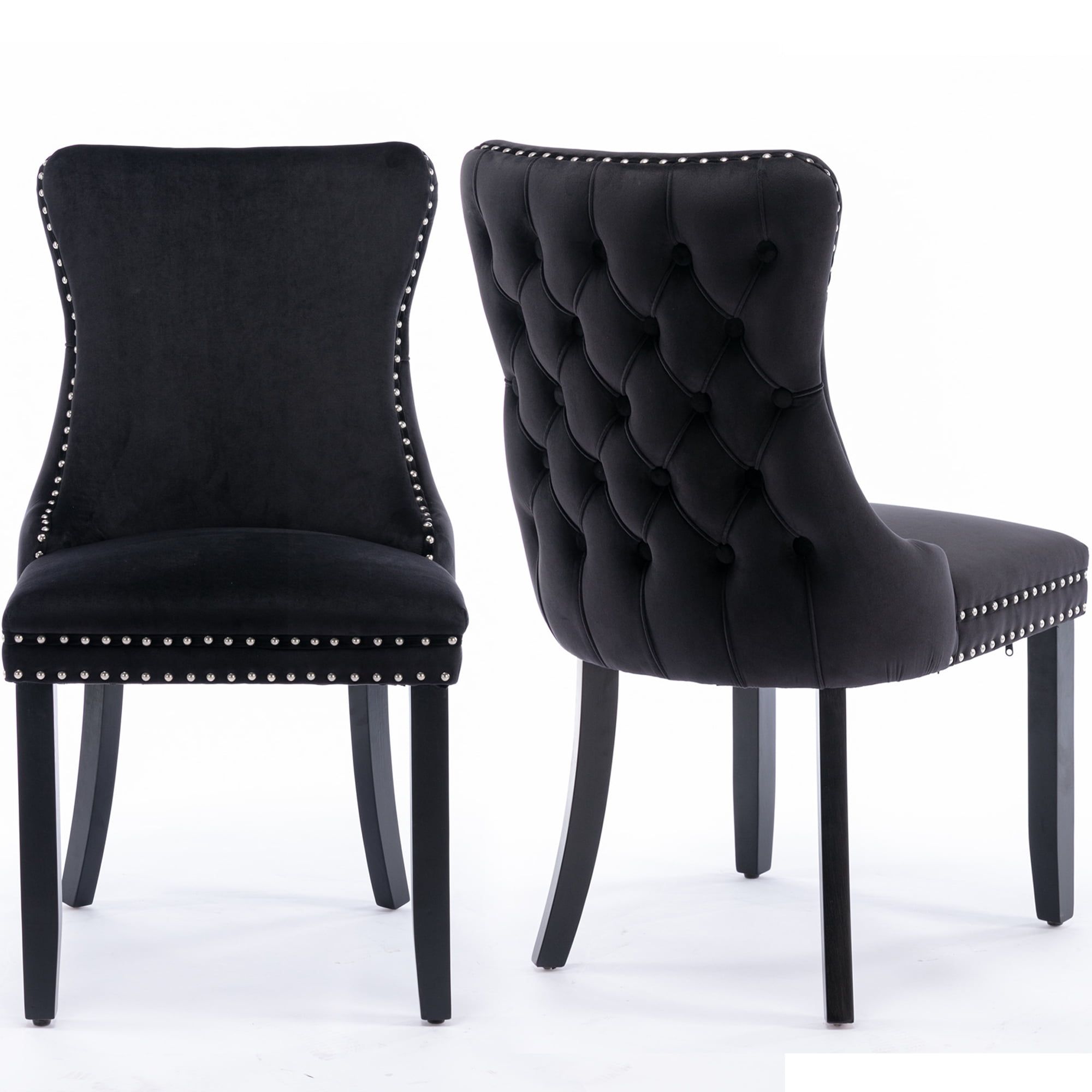 Black Velvet Upholstered Tufted High-Back Side Chairs with Nailhead Trim